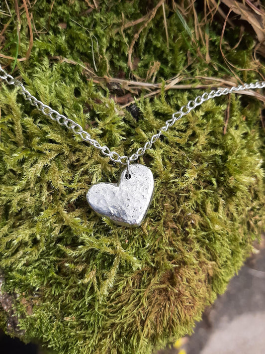 Love Heart Pendant Necklace - Chunky Rustic - Cast and hammered pewter