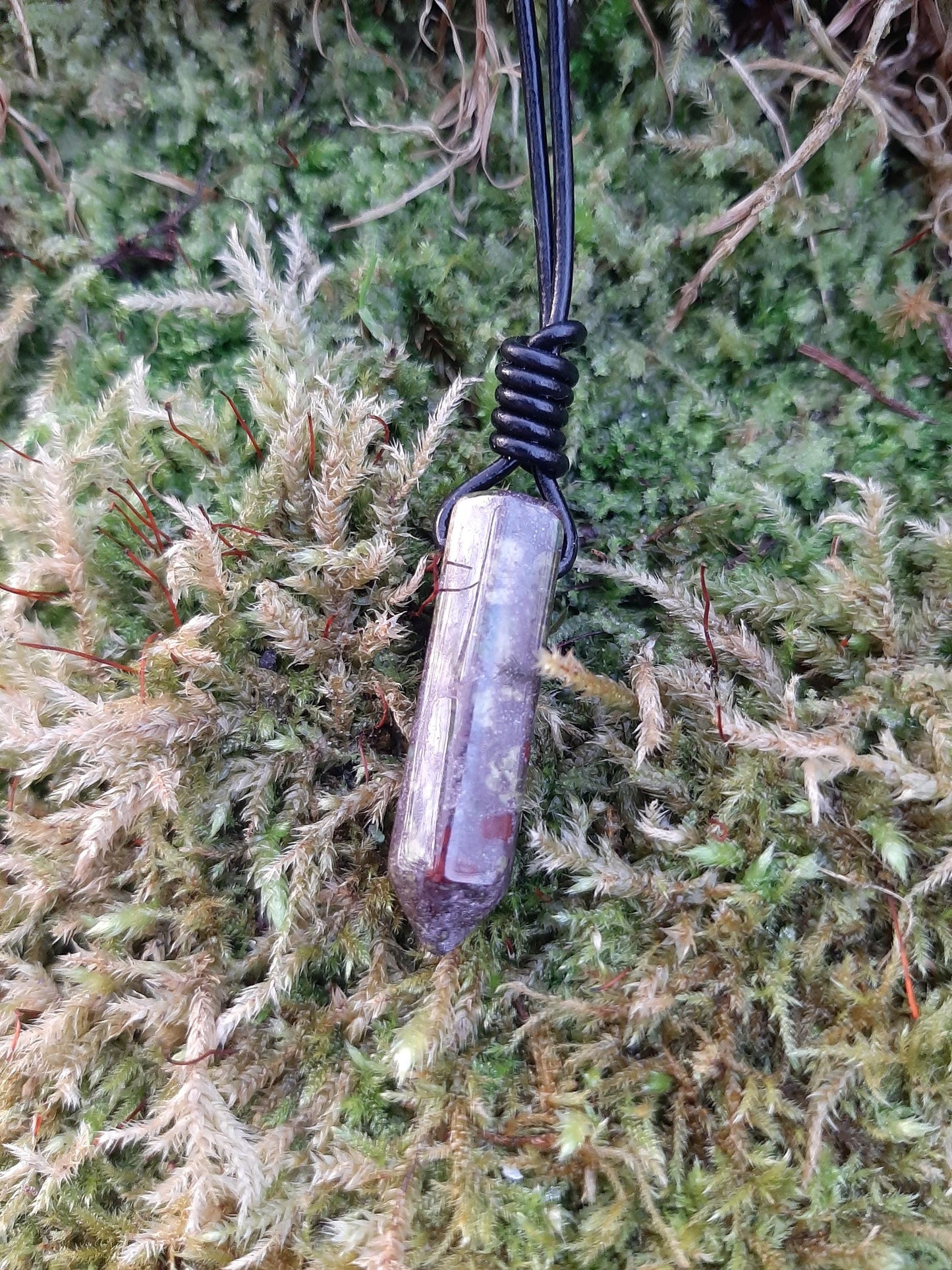 Dragon Blood Stone Pendant Necklace, leather cord | Dragon Blood Jasper Point, drilled