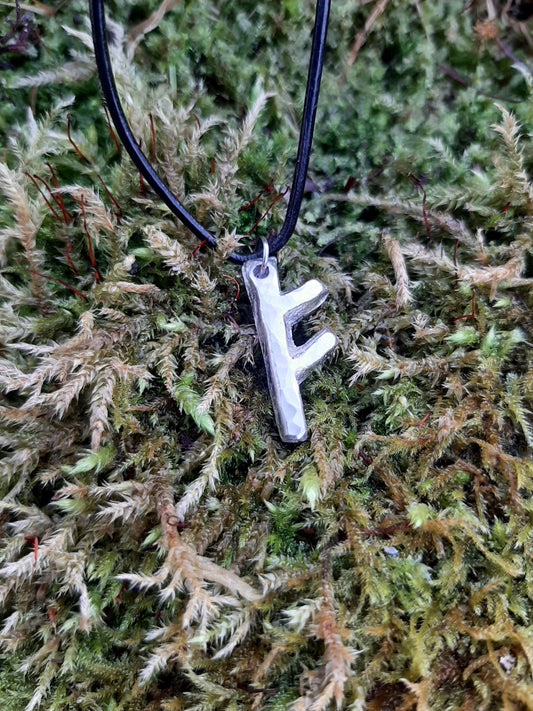Viking Rune Necklace - Cast and Hammered Pewter - Fehu Rune - Luck Wealth Rune | Viking Necklace