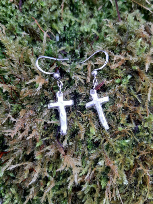 Cross Pendant Earrings - Stainless Steel Hooks | Cast and Hammered Pewter