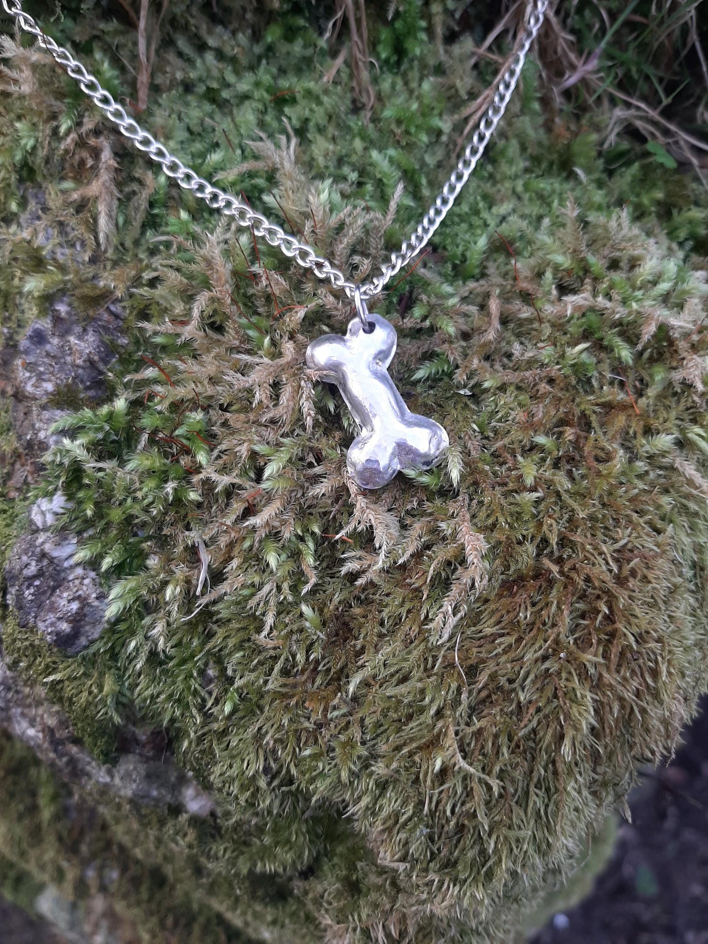 Dog Bone Pendant Necklace - Rustic - Cast and hammered pewter