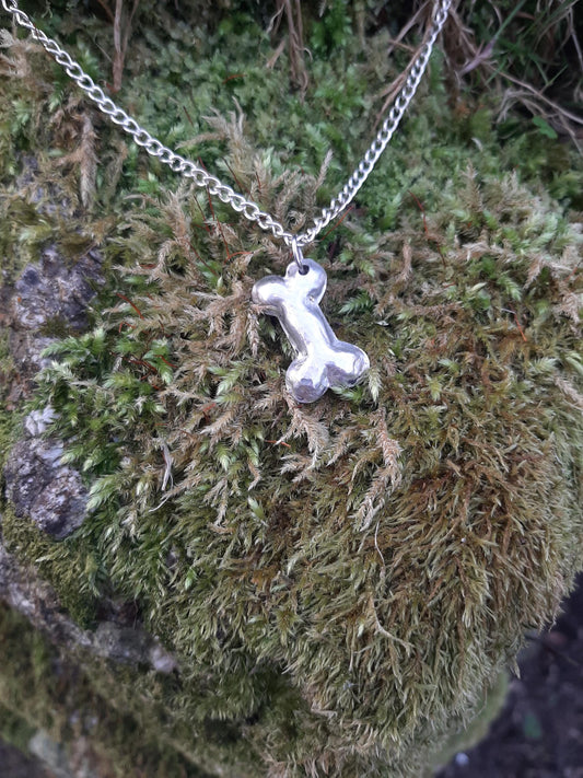 Dog Bone Pendant Necklace - Rustic - Cast and hammered pewter