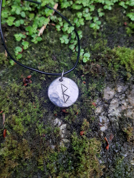 Viking Rune Necklace - Cast and Hammered Pewter - Berkana Rune - Liberation Rune | Growth Rune | Viking Necklace