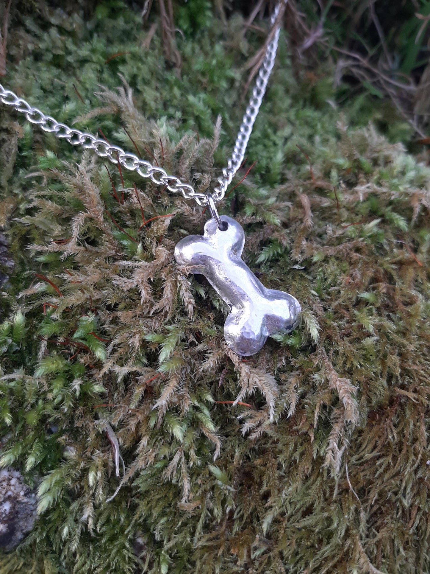Dog Bone Pendant Necklace - Rustic - Cast and hammered pewter