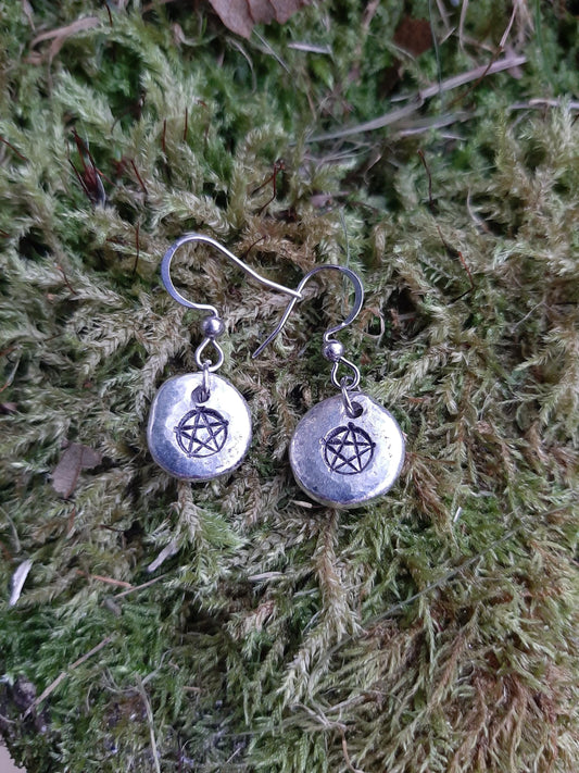 Witch Pentagram Pendant Earrings - Stainless Steel Hooks | Cast and Hammered Pewter