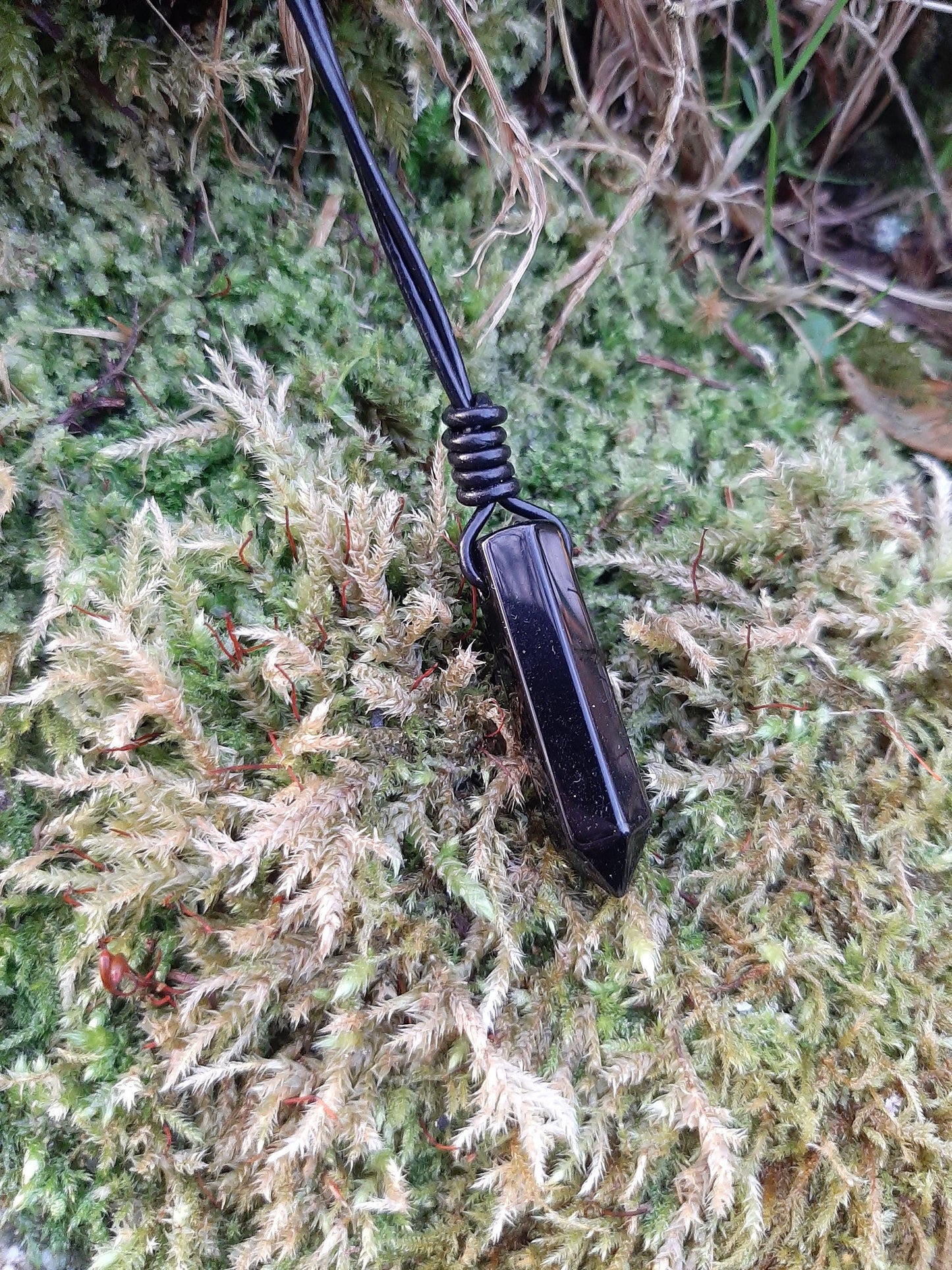 Obsidian Pendant Necklace, leather cord | Obsidian Point, drilled