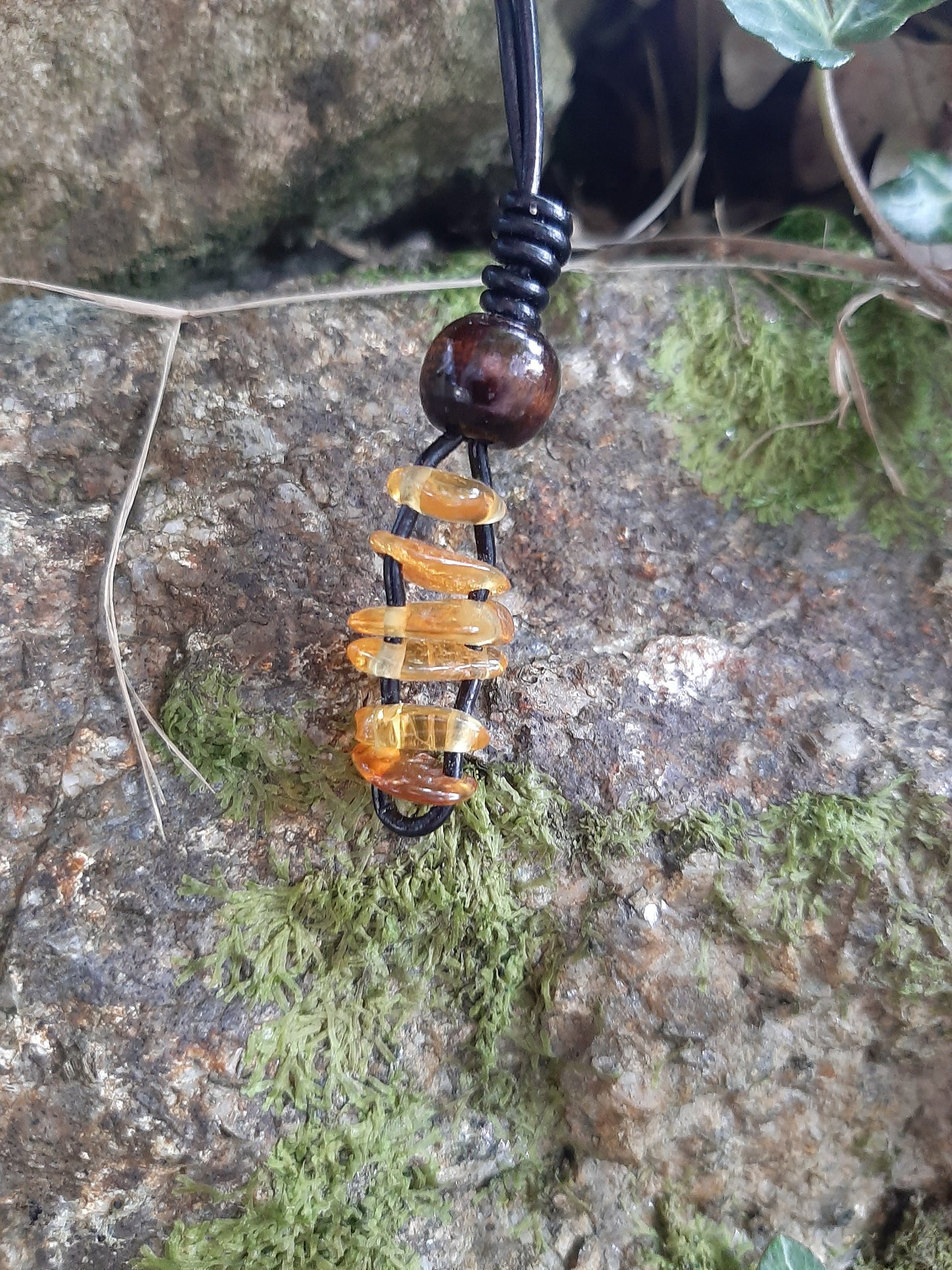 Stacked Amber Pendant Necklace, leather cord