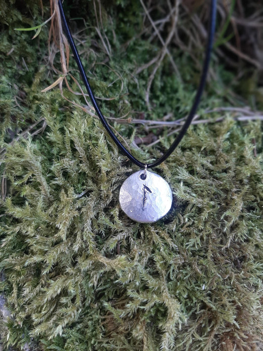 Viking Rune Necklace - Cast and Hammered Pewter - Laguz Rune - Renewal Rune | Viking Necklace