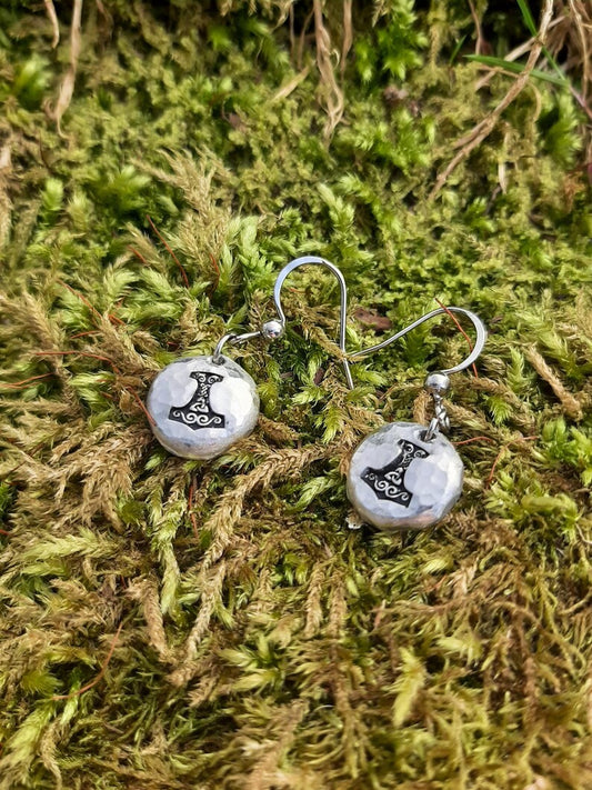 Mjolnir Earrings | Thors Hammer Earrings - Stainless Steel Hooks | Cast and Hammered Pewter