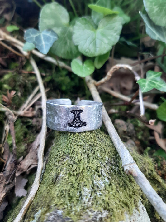 Thor's Hammer Mjölnir Ring | Cast and hammered pewter | Open ring