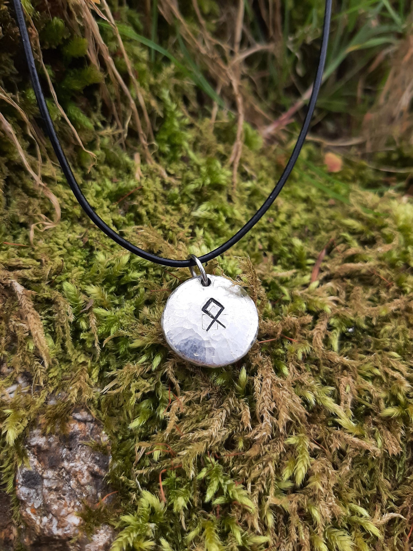 Viking Rune Necklace - Cast and Hammered Pewter - Othala/Odal Rune - Home Rune | Viking Necklace