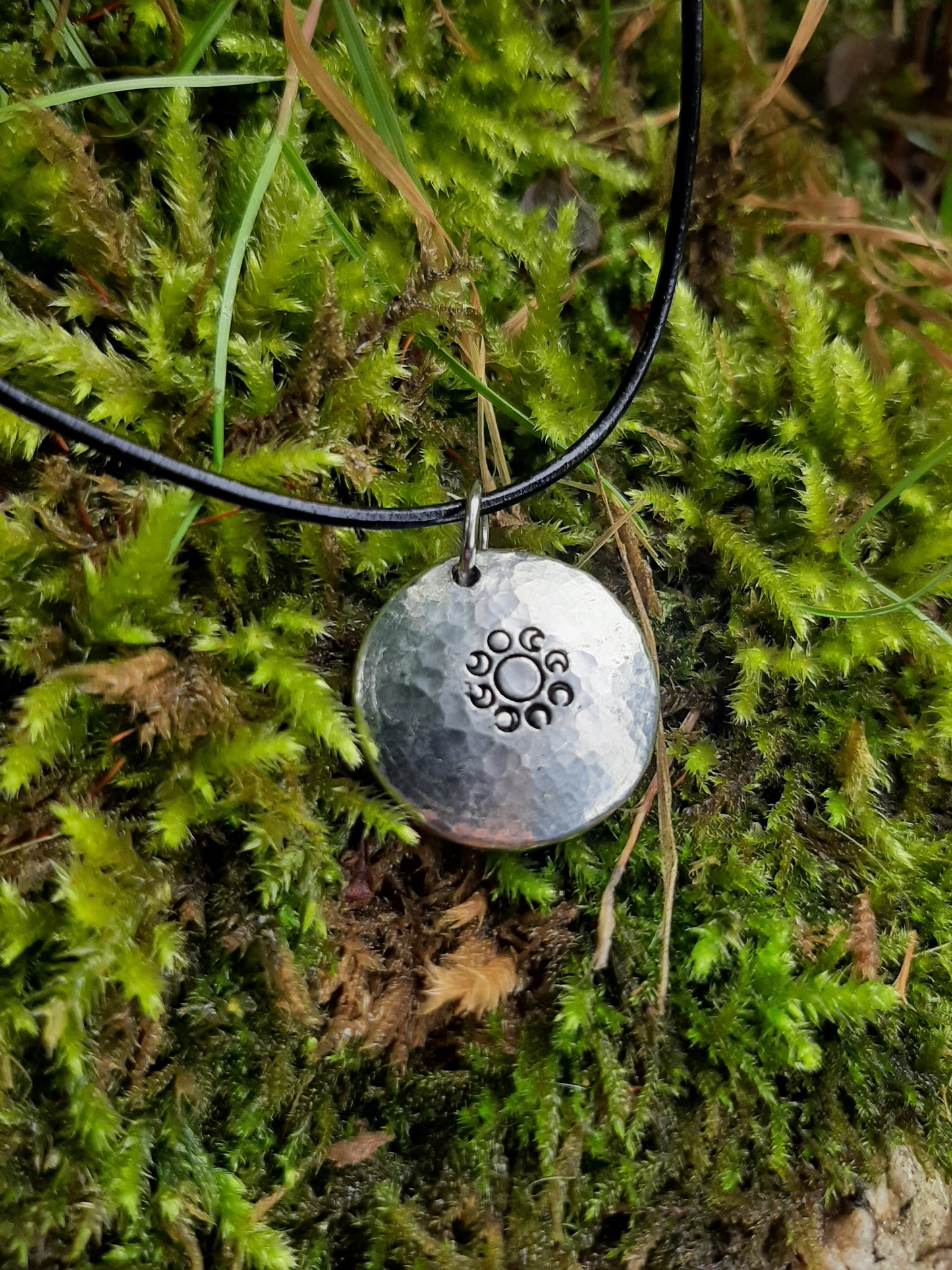 Moon Phase Pendant Necklace -| Lunar Cycle Pendant - Cast and Hammered Pewter