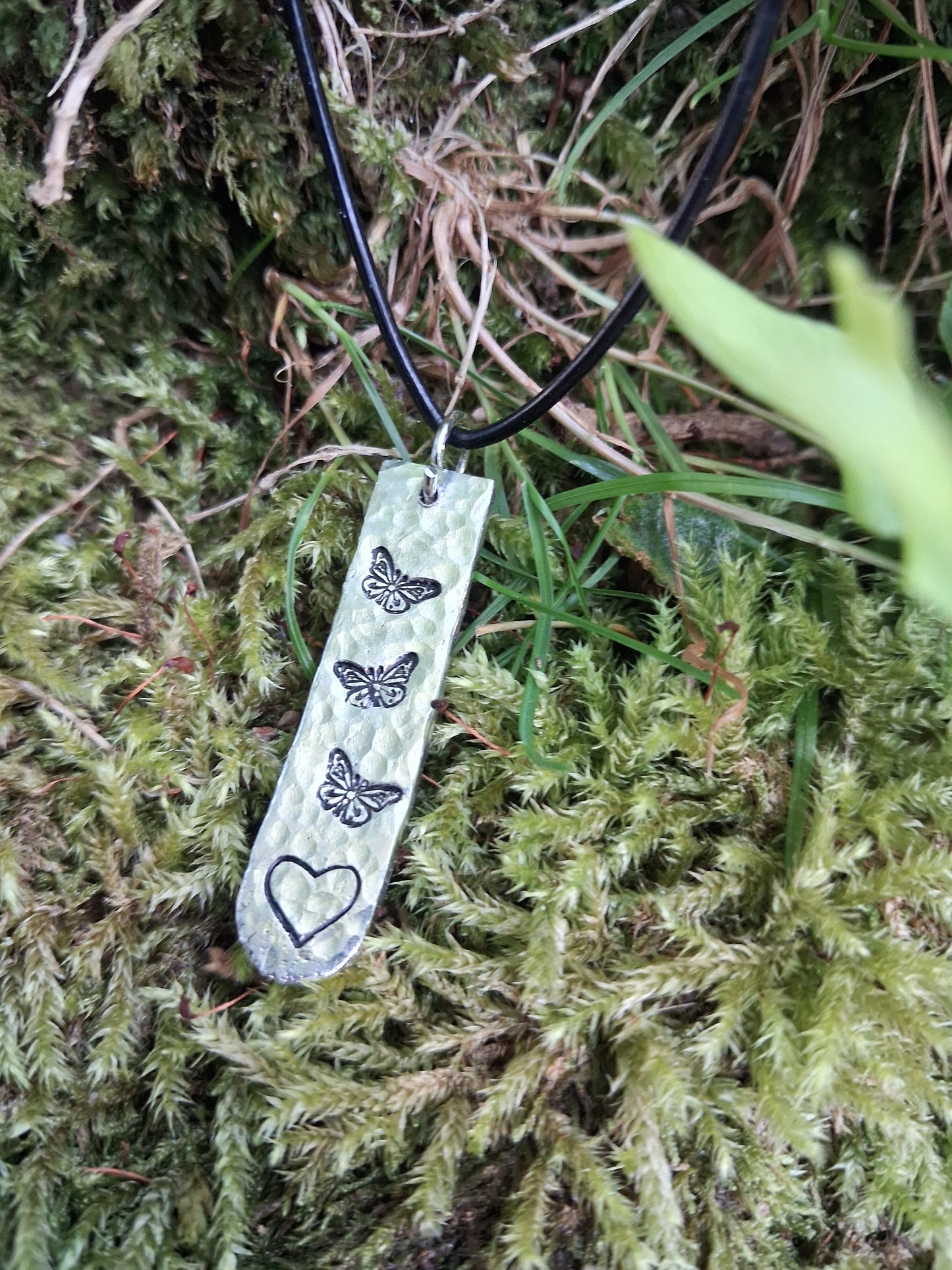 Love Token Pendant Necklace - Cast and Hammered Pewter - Heart and Butterflies