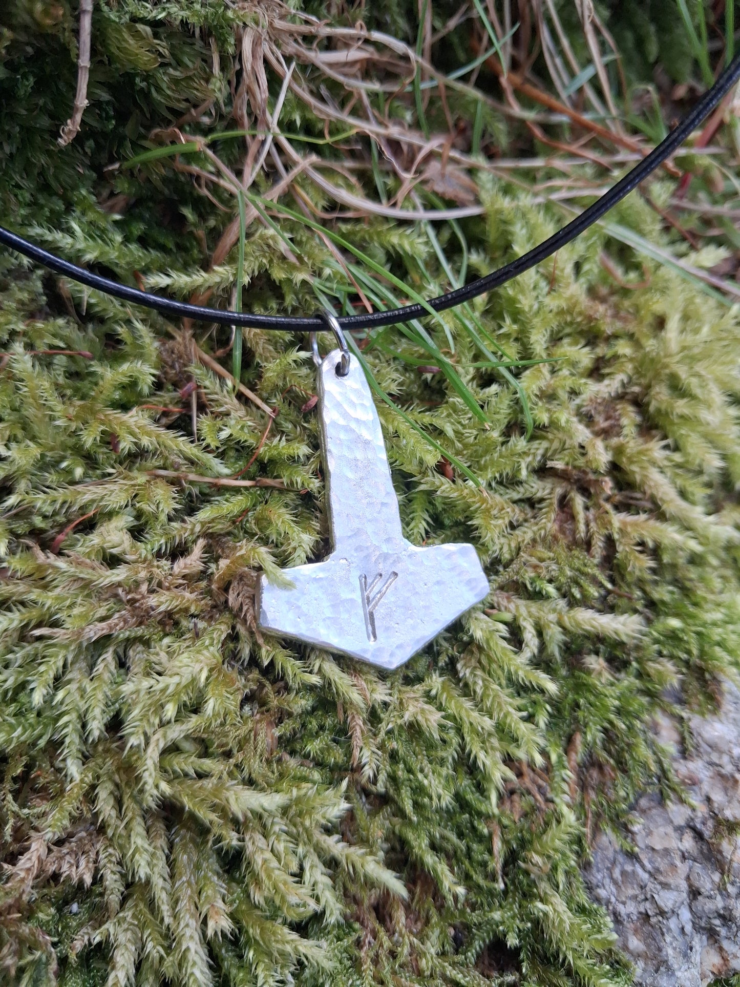 Thors Hammer Pendant with Rune Symbol |  Mjolnir Pendant Necklace - Cast and Hammered Pewter | Viking Necklace