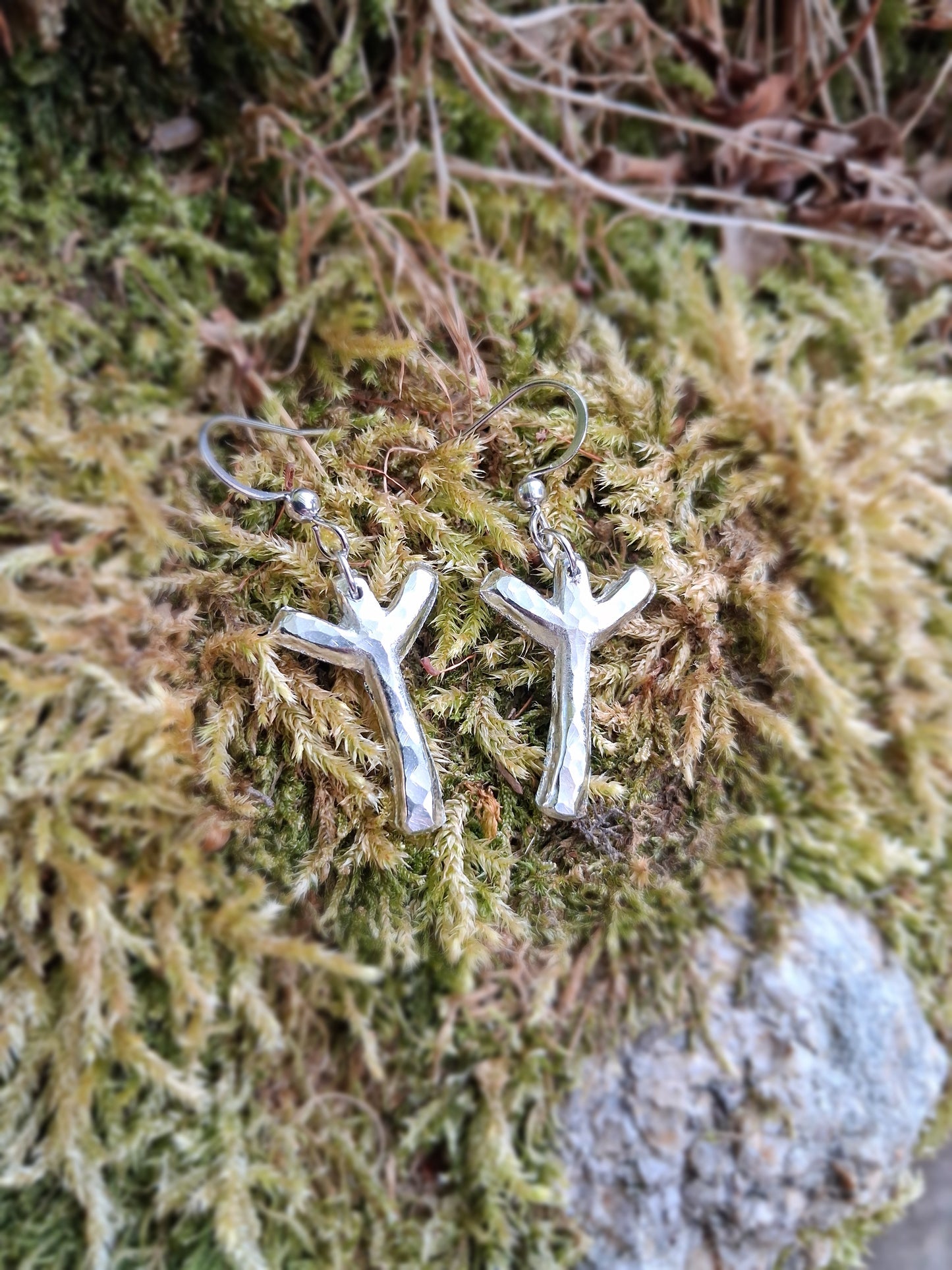Viking Rune Shaped Pendant Earrings - Stainless Steel Hooks | Cast and Hammered Pewter