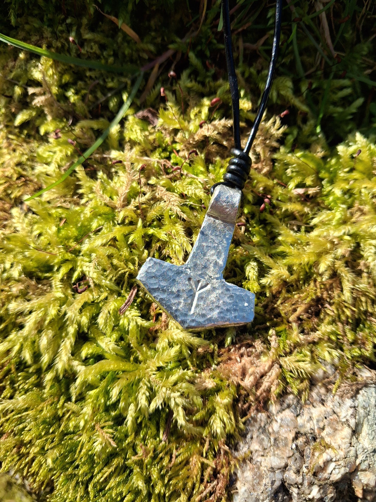 Thors Hammer Pendant with Rune Symbol |  Mjolnir Pendant Necklace - Cast and Hammered Pewter | Viking Necklace