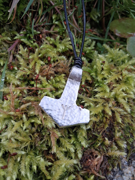 Thors Hammer Pendant with Rune Symbol |  Mjolnir Pendant Necklace - Cast and Hammered Pewter | Viking Necklace