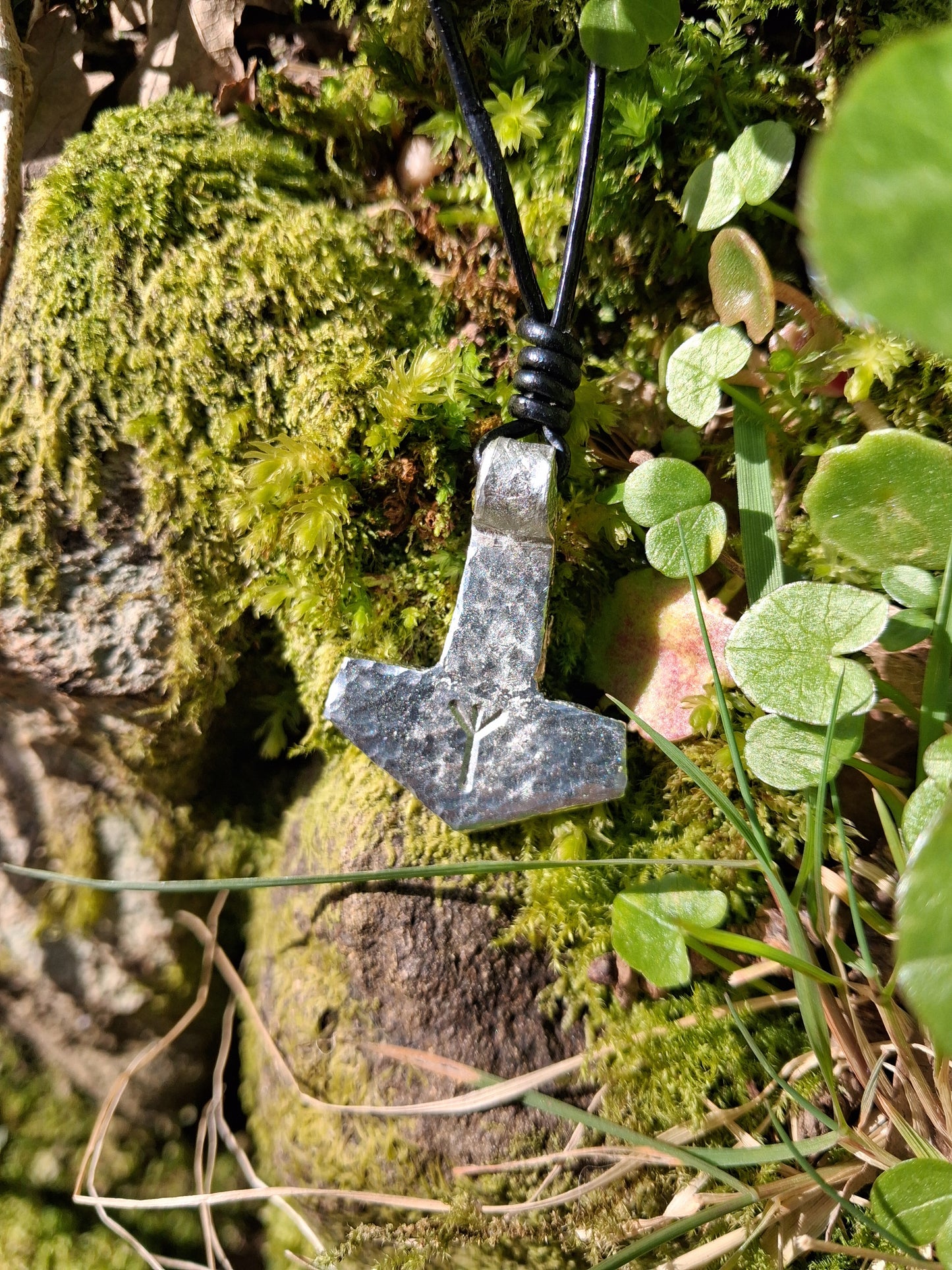 Thors Hammer Pendant with Rune Symbol |  Mjolnir Pendant Necklace - Cast and Hammered Pewter | Viking Necklace