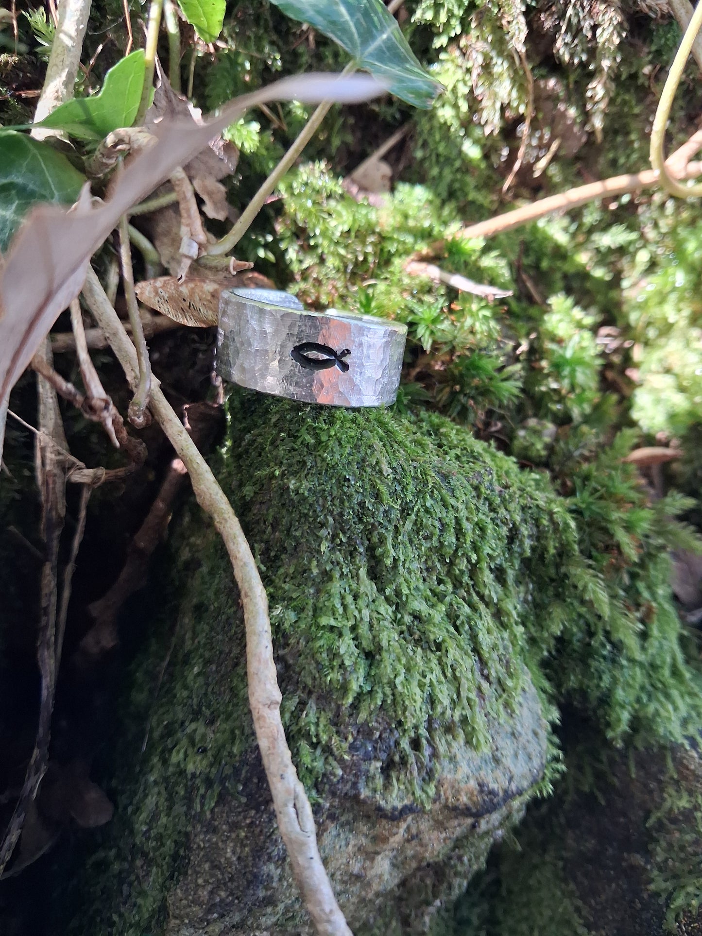 Jesus Fish Ring | Ichthys Ring | Cast and hammered pewter | Open ring