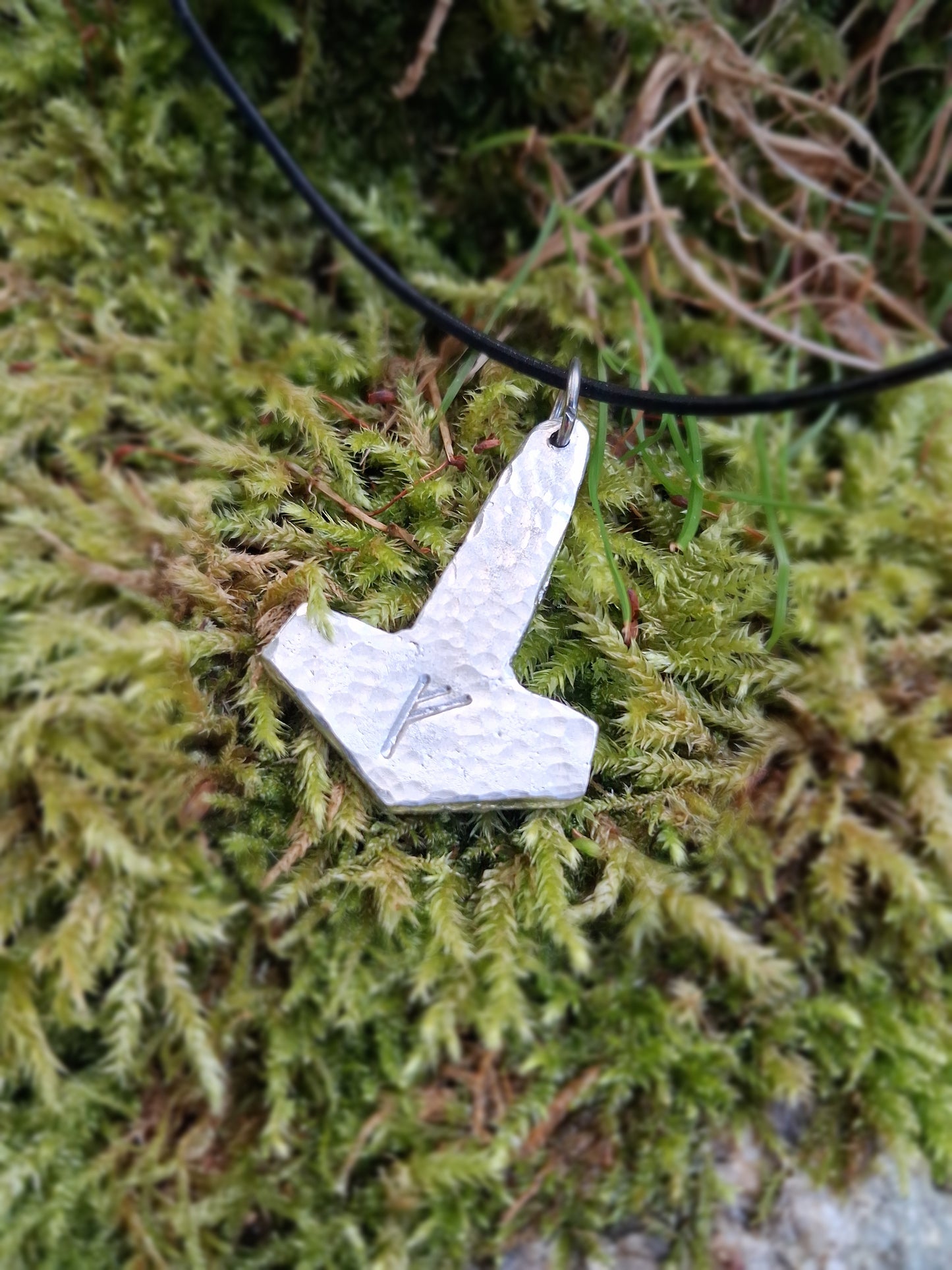 Thors Hammer Pendant with Rune Symbol |  Mjolnir Pendant Necklace - Cast and Hammered Pewter | Viking Necklace