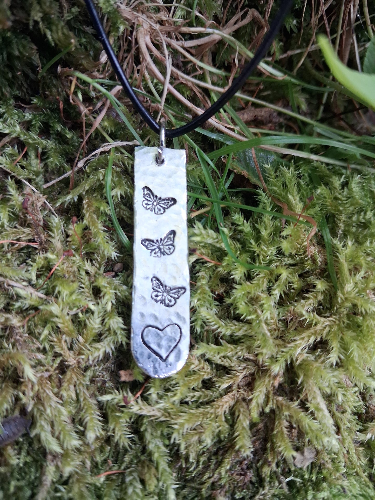 Love Token Pendant Necklace - Cast and Hammered Pewter - Heart and Butterflies