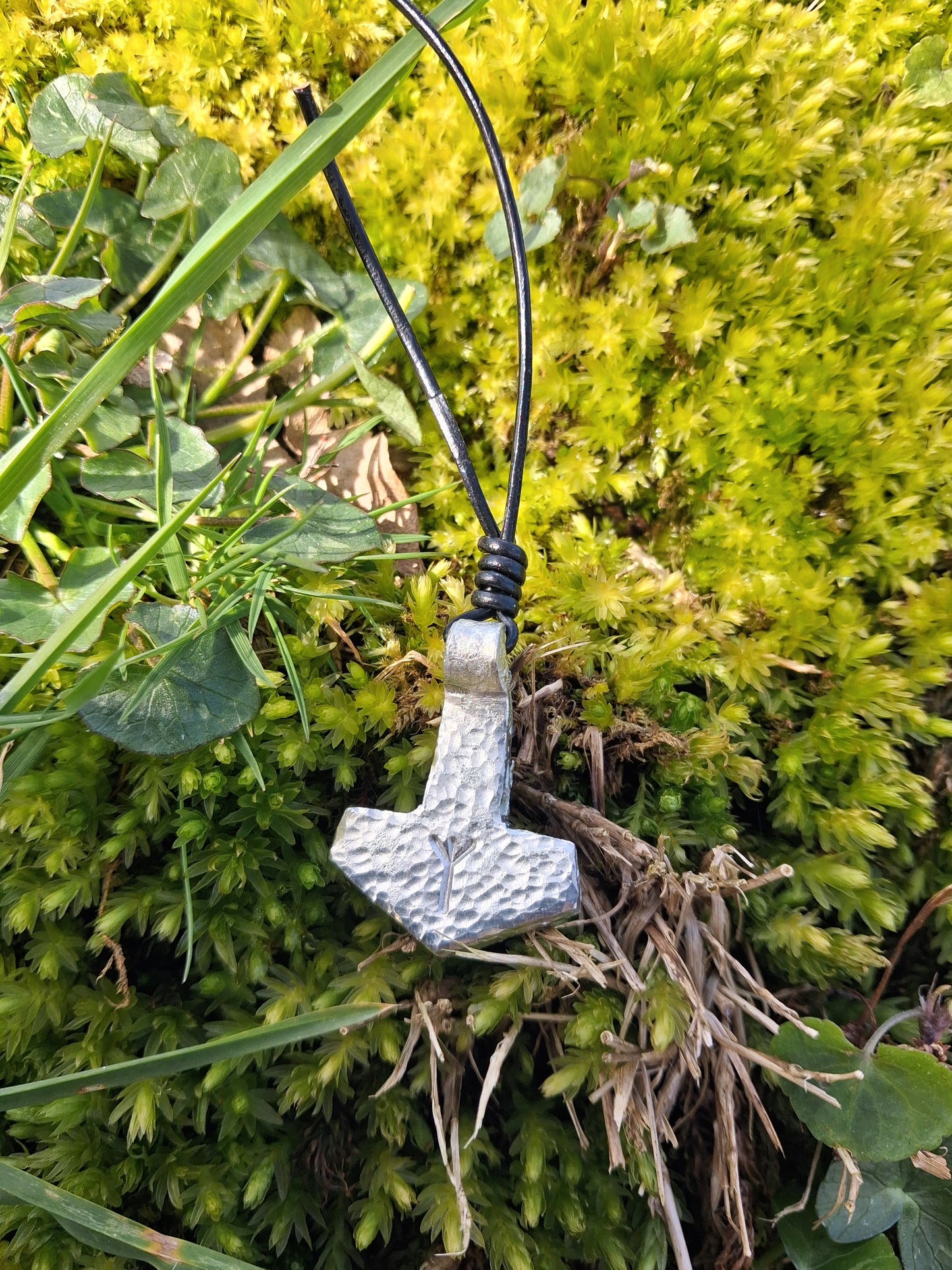 Thors Hammer Pendant with Rune Symbol |  Mjolnir Pendant Necklace - Cast and Hammered Pewter | Viking Necklace