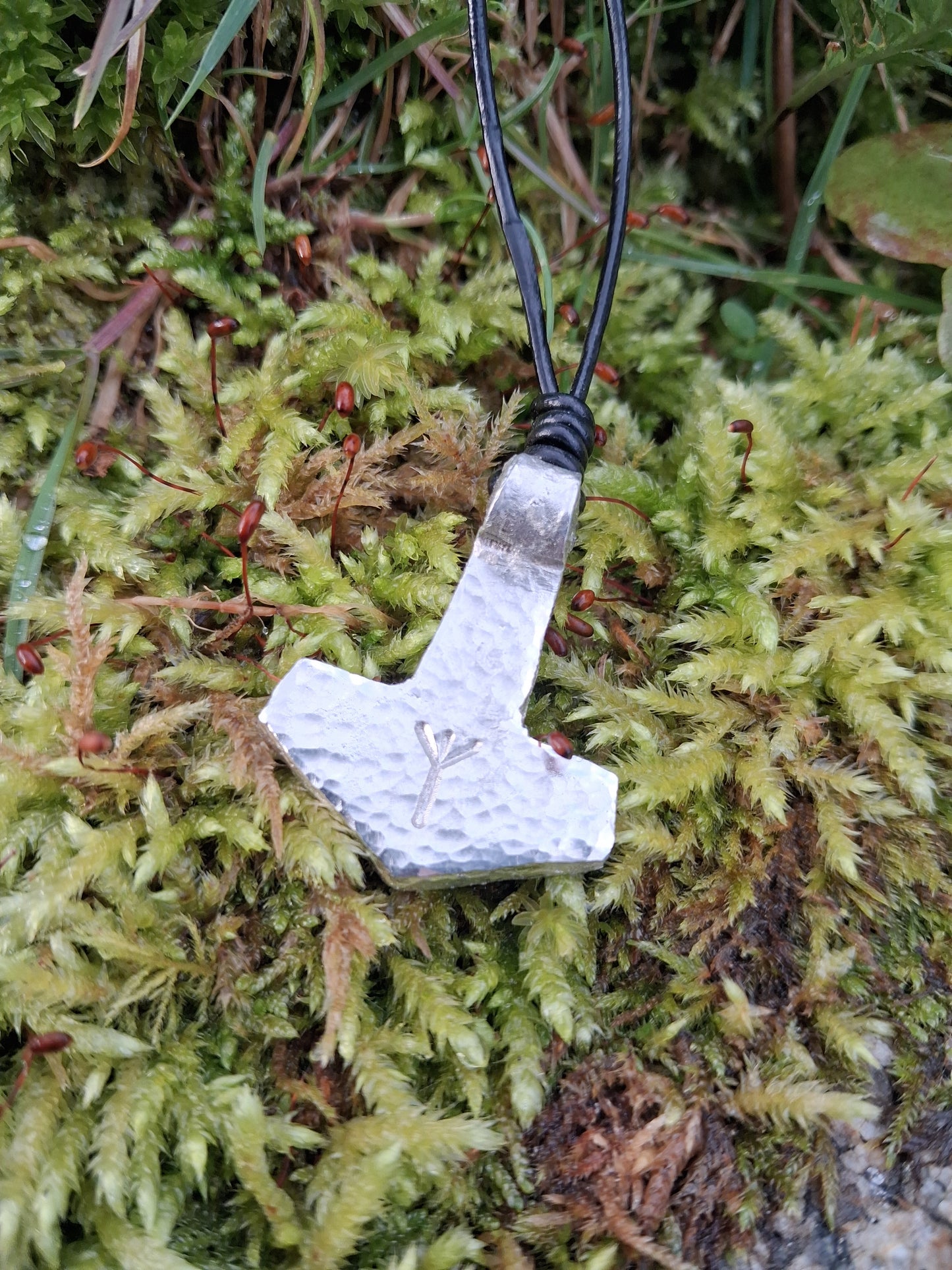 Thors Hammer Pendant with Rune Symbol |  Mjolnir Pendant Necklace - Cast and Hammered Pewter | Viking Necklace
