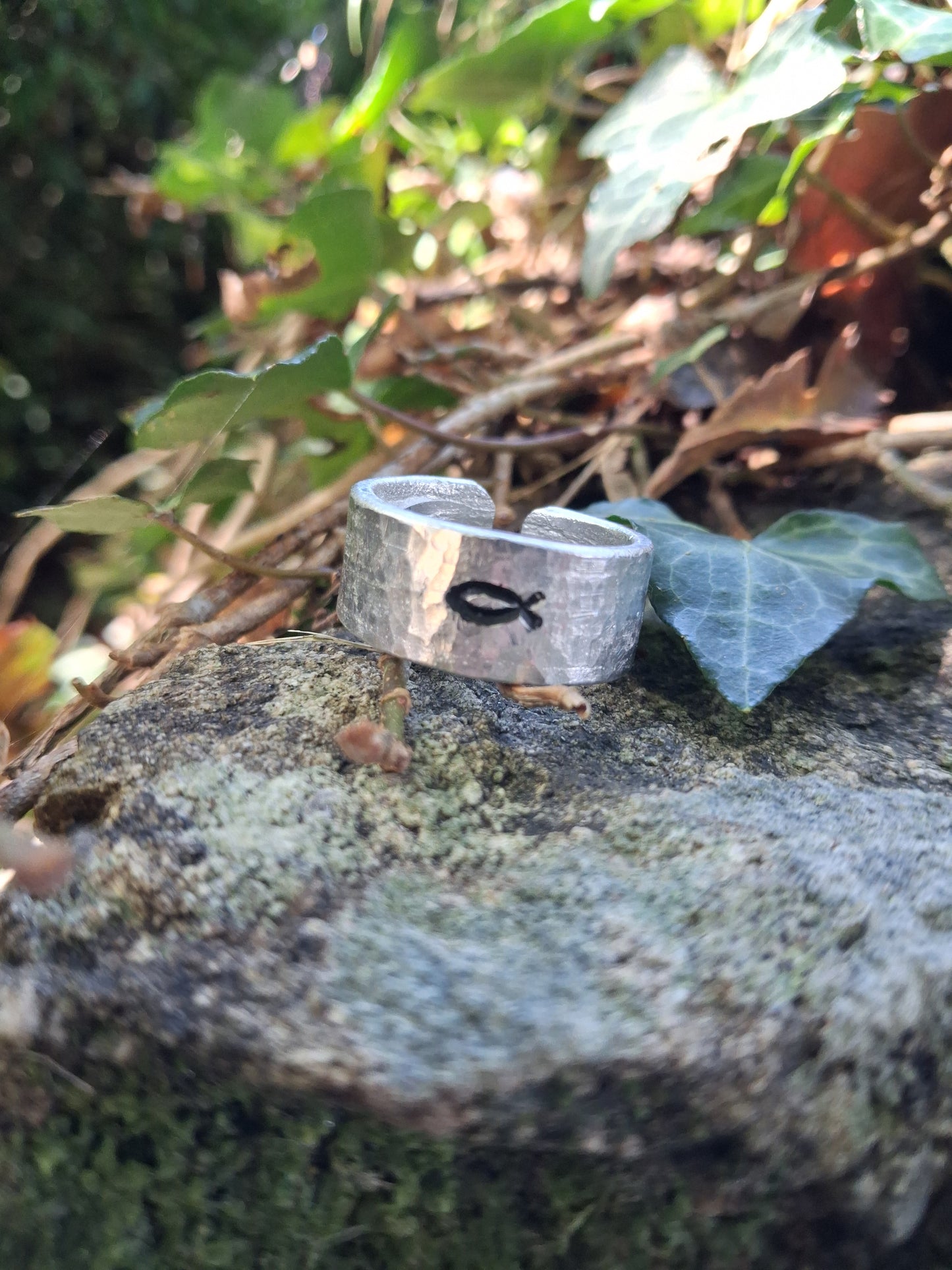 Jesus Fish Ring | Ichthys Ring | Cast and hammered pewter | Open ring