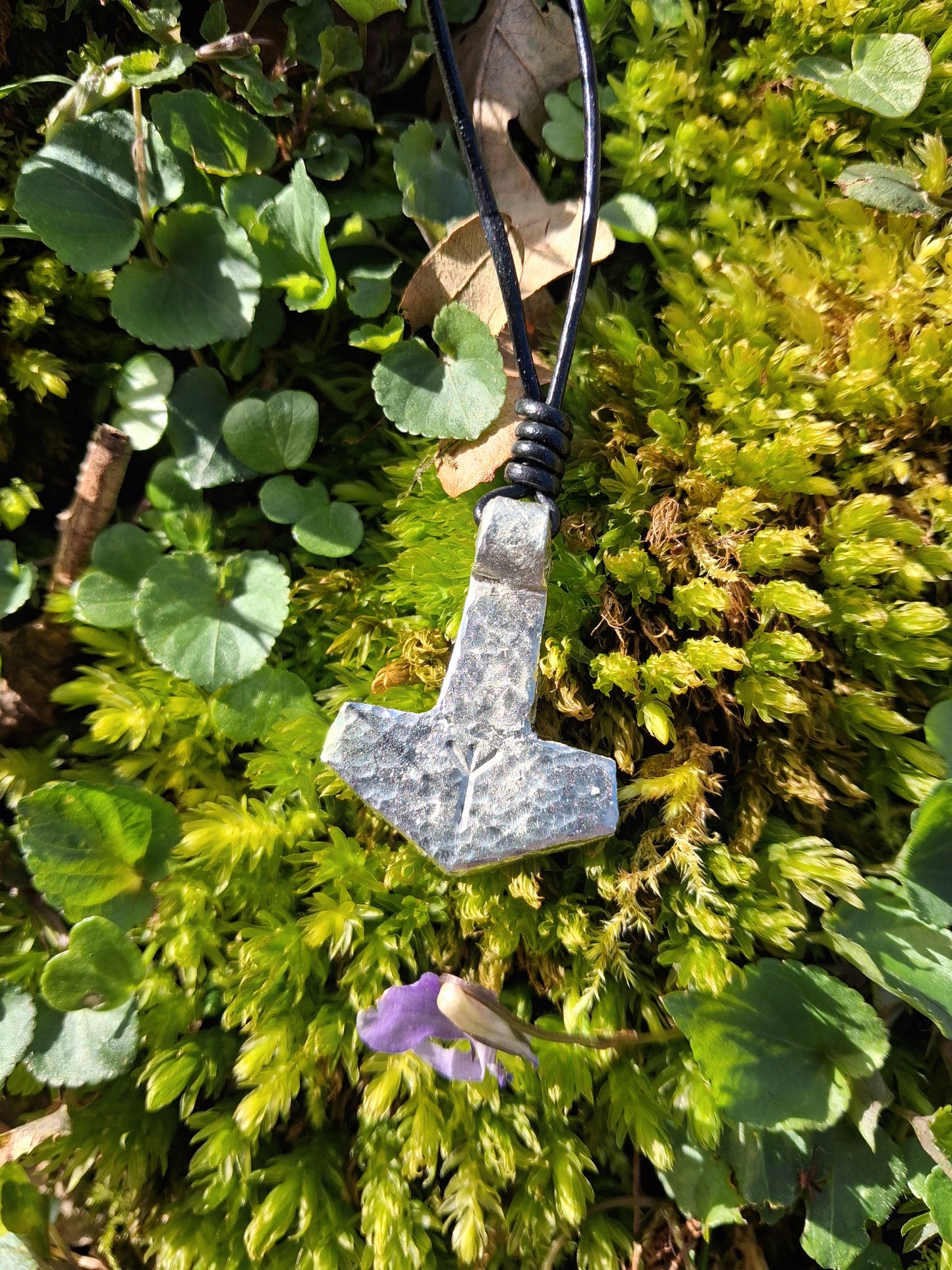 Thors Hammer Pendant with Rune Symbol |  Mjolnir Pendant Necklace - Cast and Hammered Pewter | Viking Necklace