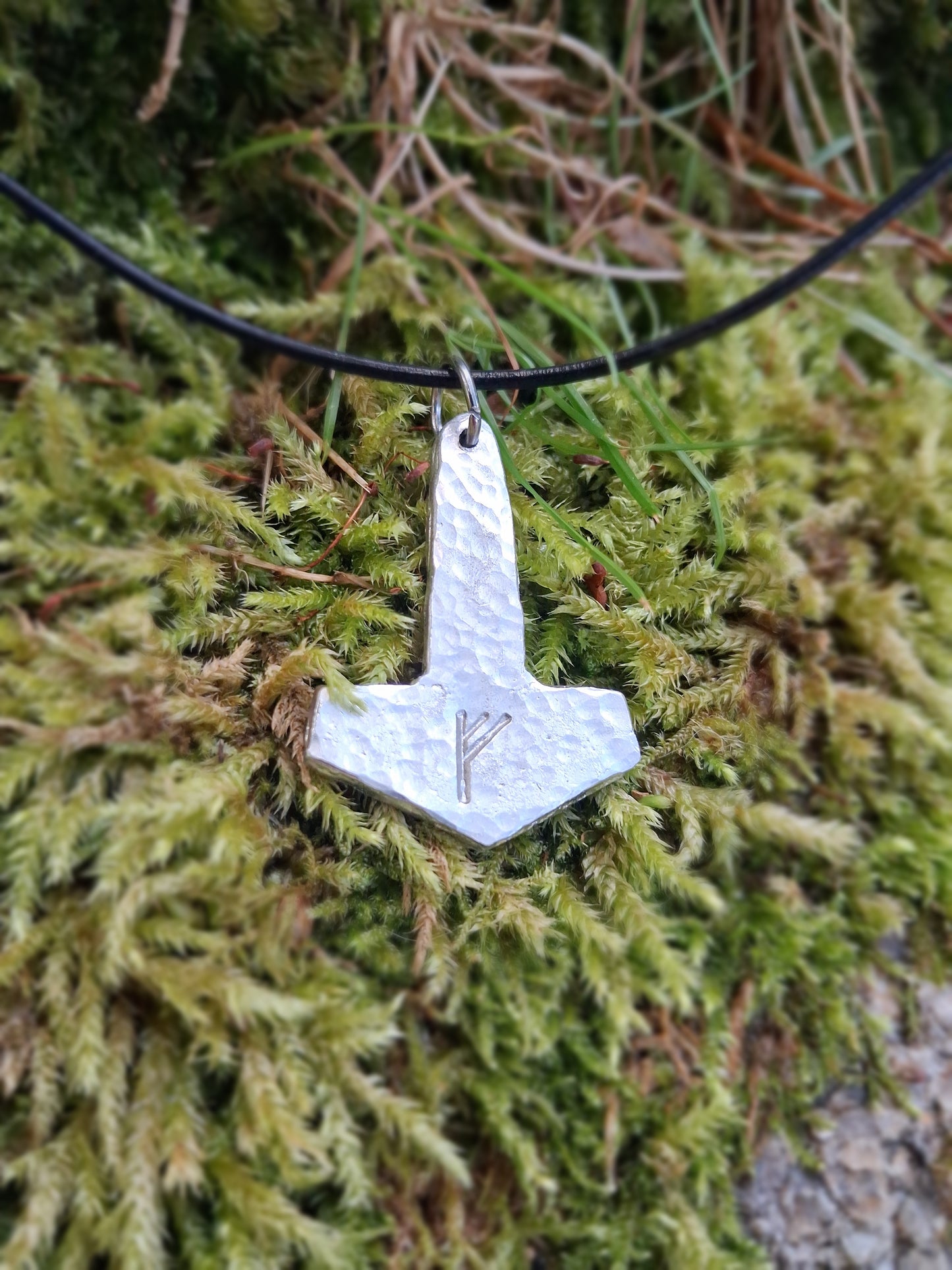 Thors Hammer Pendant with Rune Symbol |  Mjolnir Pendant Necklace - Cast and Hammered Pewter | Viking Necklace