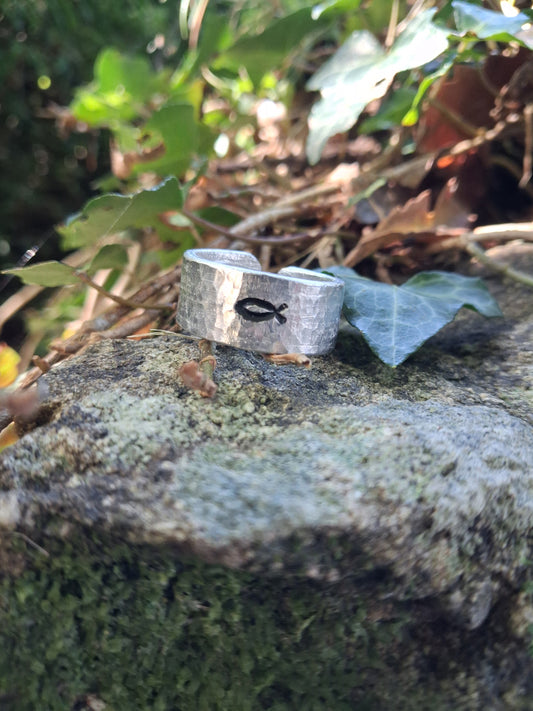 Jesus Fish Ring | Ichthys Ring | Cast and hammered pewter | Open ring
