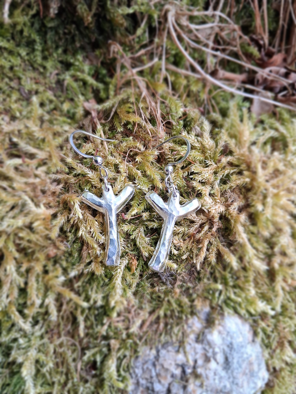 Viking Rune Shaped Pendant Earrings - Stainless Steel Hooks | Cast and Hammered Pewter