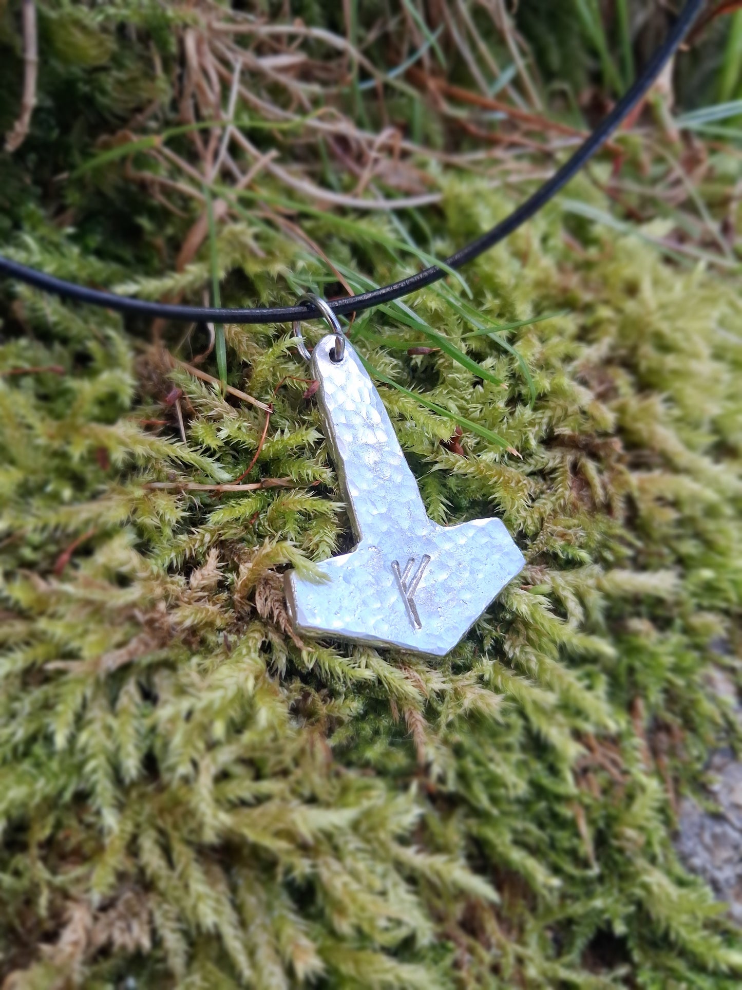 Thors Hammer Pendant with Rune Symbol |  Mjolnir Pendant Necklace - Cast and Hammered Pewter | Viking Necklace