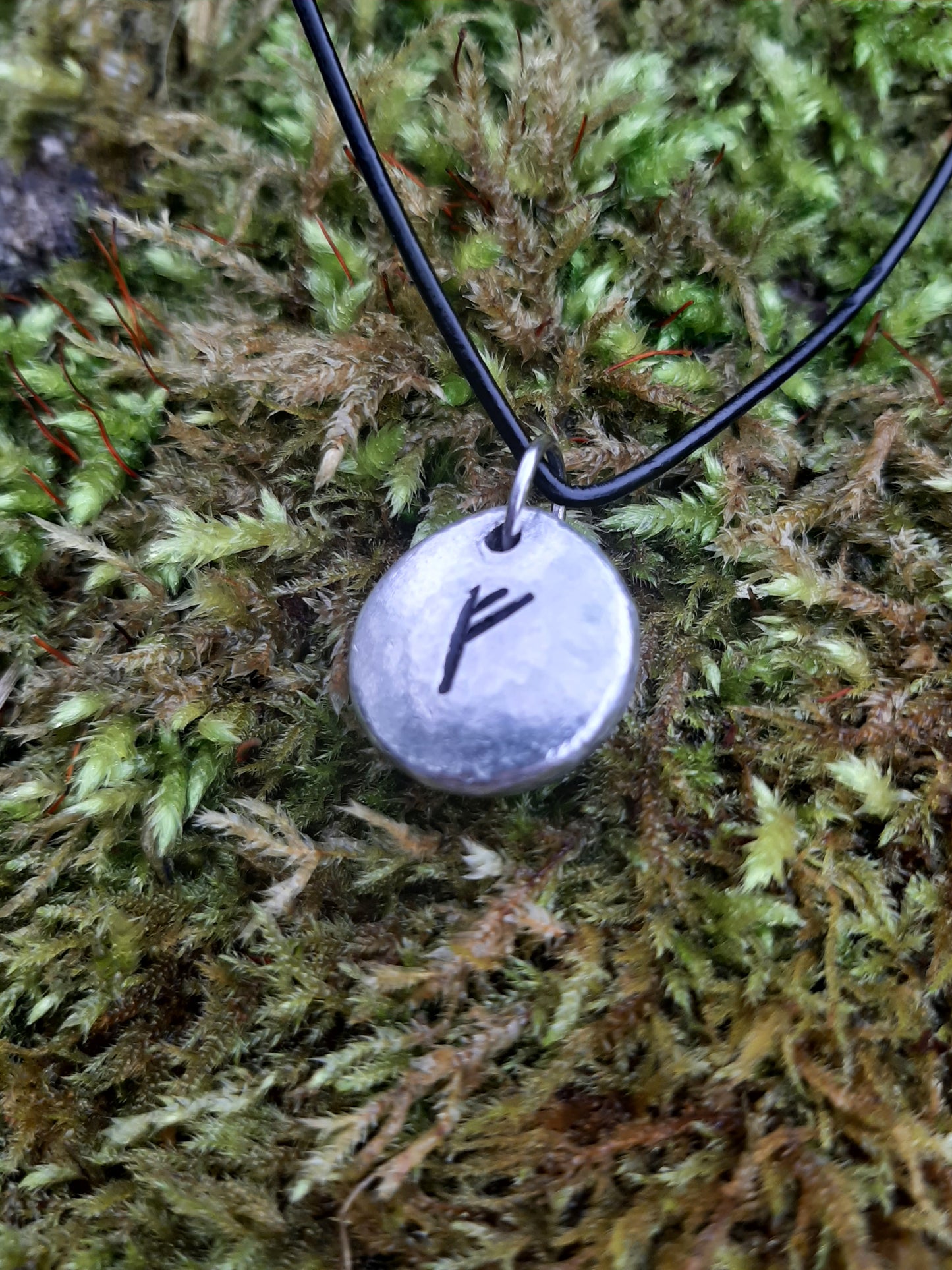 Viking Rune Necklace - Cast and Hammered Pewter - Fehu Rune - Wealth Rune - Luck Rune | Viking Necklace