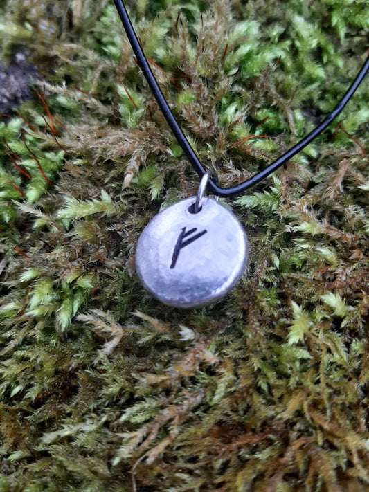 Viking Rune Necklace - Cast and Hammered Pewter - Fehu Rune - Wealth Rune - Luck Rune | Viking Necklace