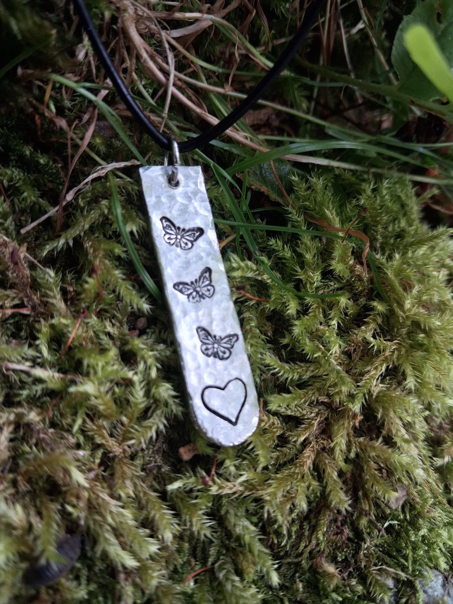 Love Token Pendant Necklace - Cast and Hammered Pewter - Heart and Butterflies