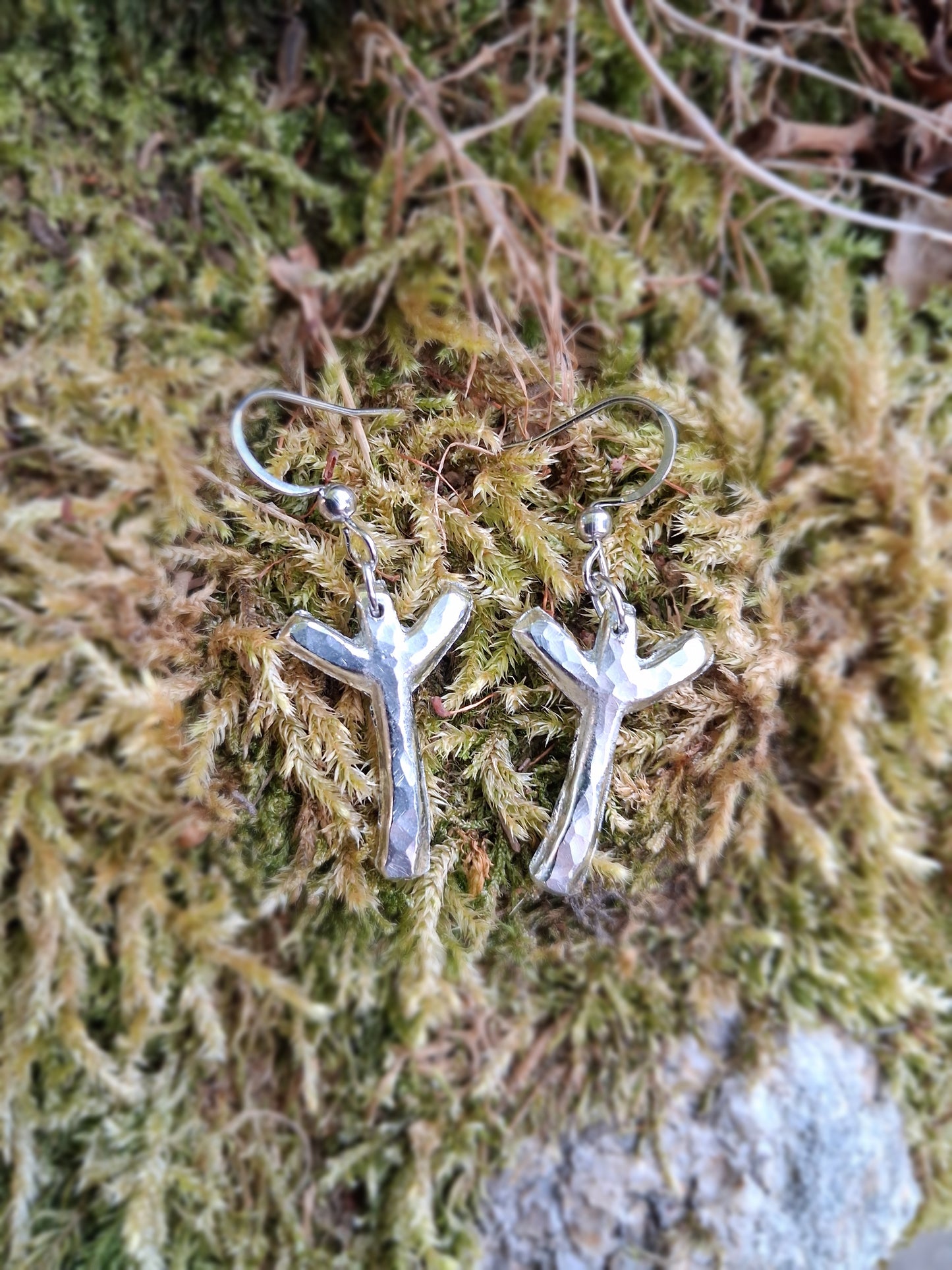 Viking Rune Shaped Pendant Earrings - Stainless Steel Hooks | Cast and Hammered Pewter