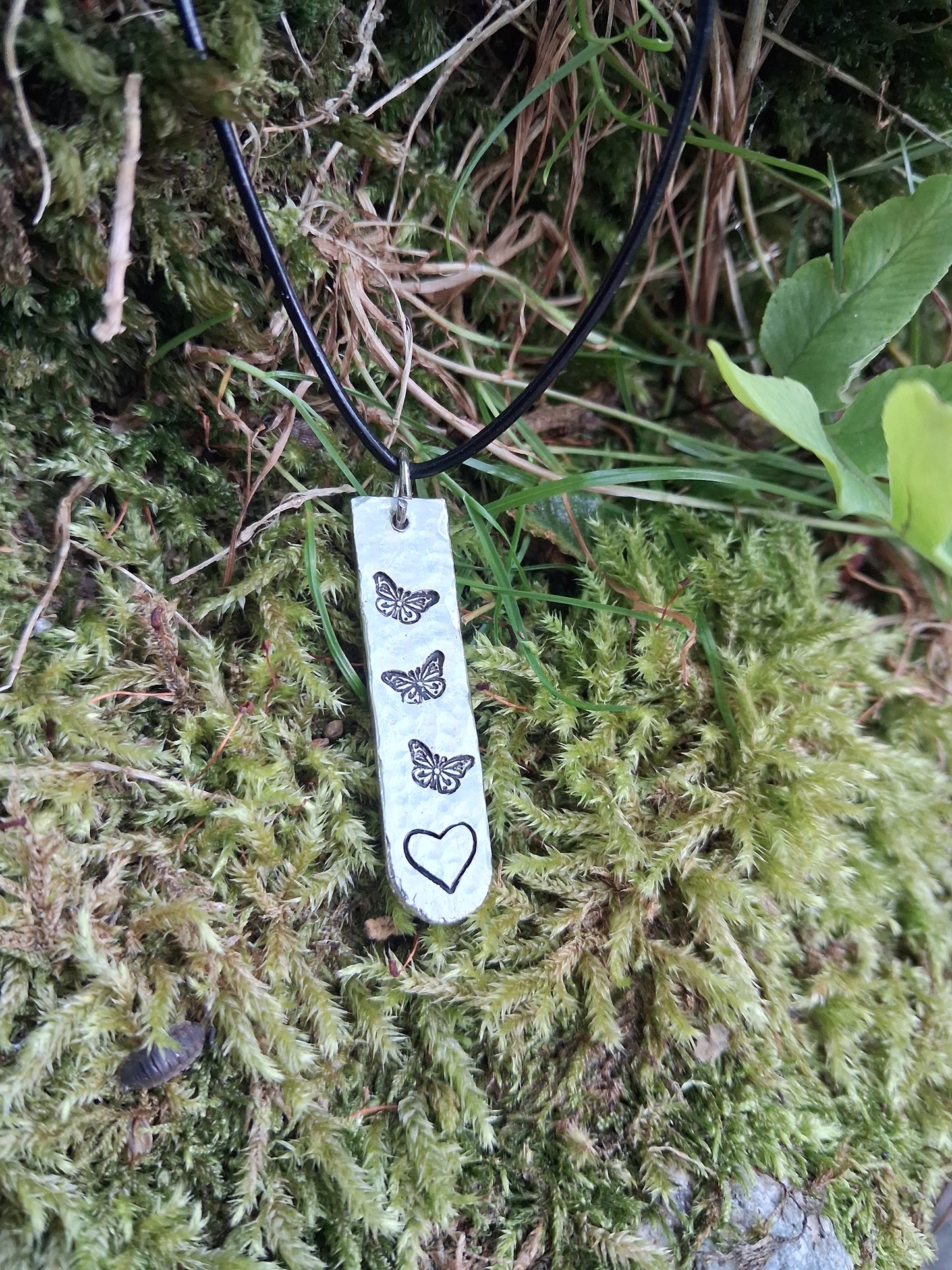 Love Token Pendant Necklace - Cast and Hammered Pewter - Heart and Butterflies
