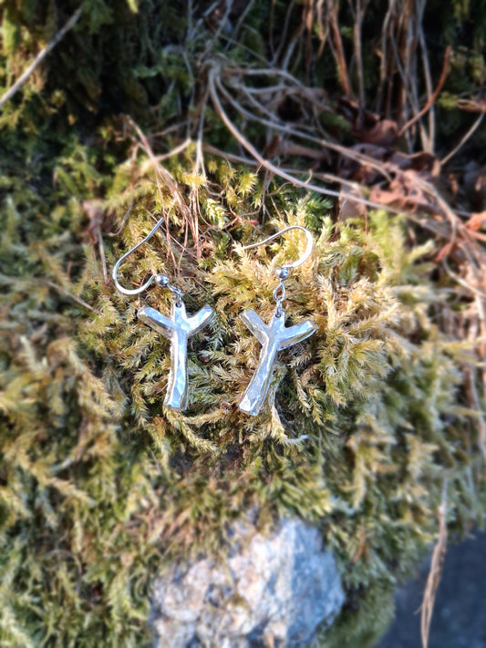 Viking Rune Shaped Pendant Earrings - Stainless Steel Hooks | Cast and Hammered Pewter