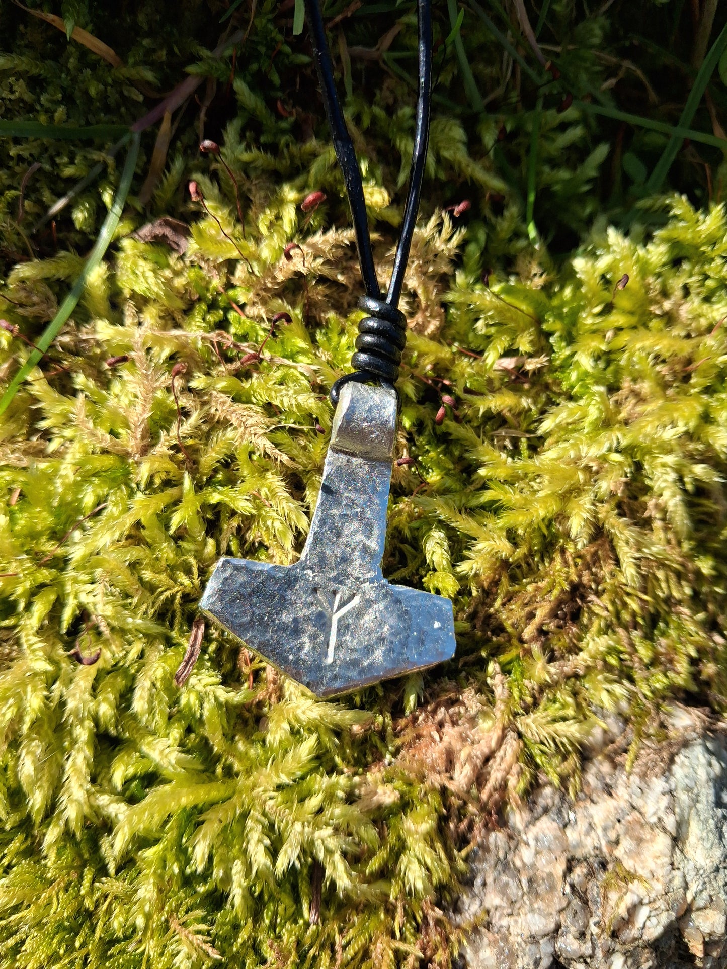 Thors Hammer Pendant with Rune Symbol |  Mjolnir Pendant Necklace - Cast and Hammered Pewter | Viking Necklace