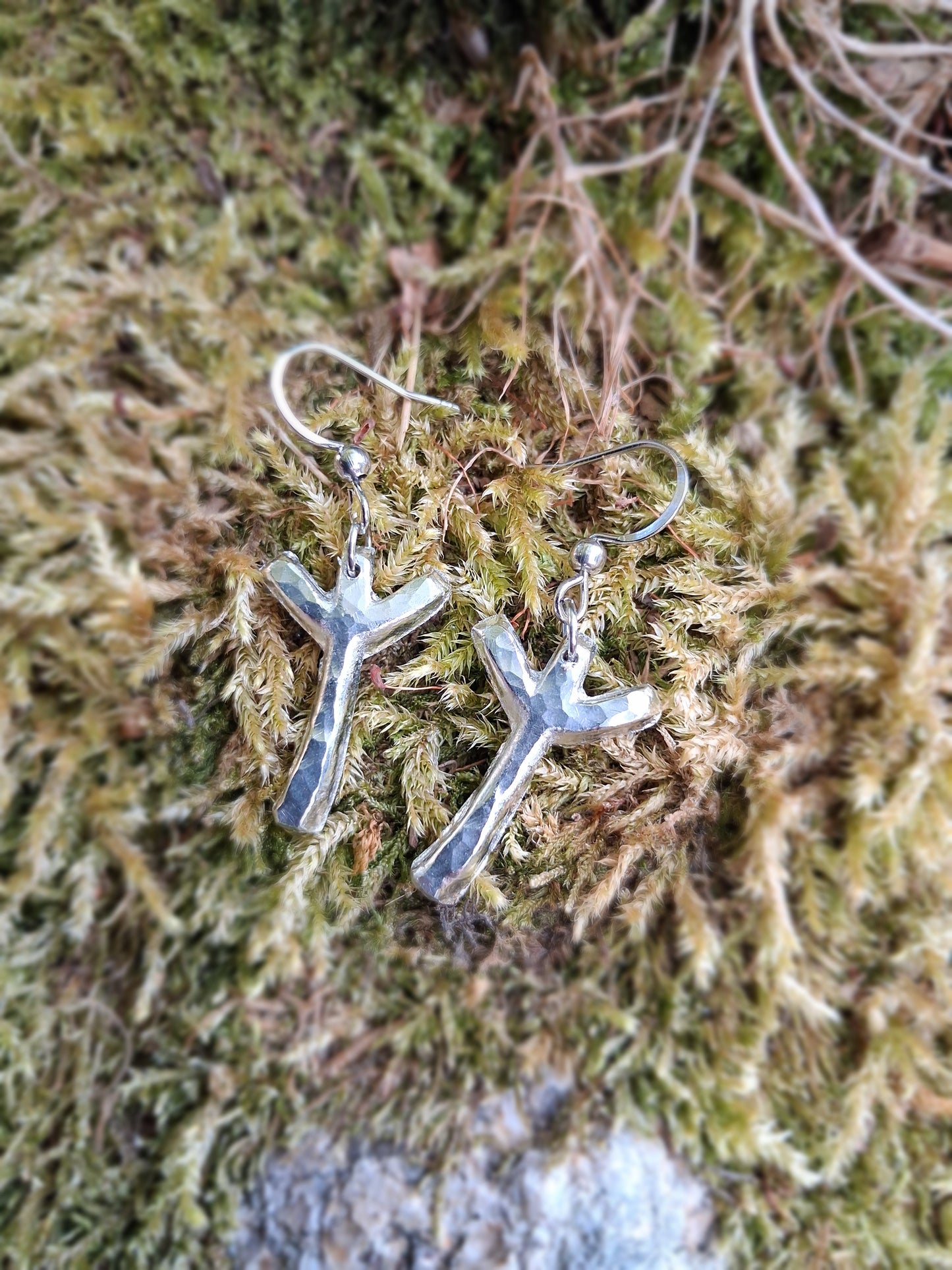 Viking Rune Shaped Pendant Earrings - Stainless Steel Hooks | Cast and Hammered Pewter