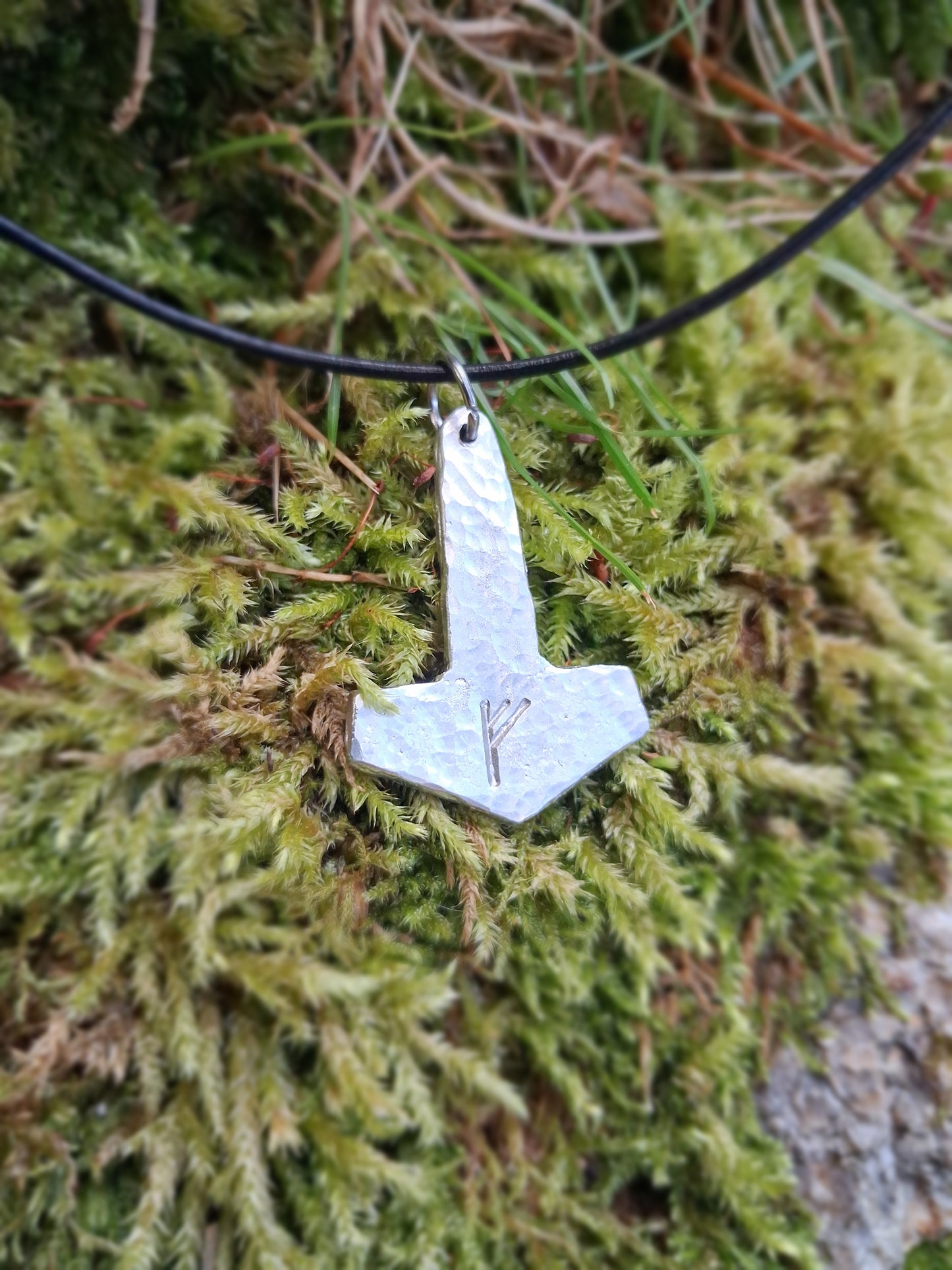Thors Hammer Pendant with Rune Symbol |  Mjolnir Pendant Necklace - Cast and Hammered Pewter | Viking Necklace