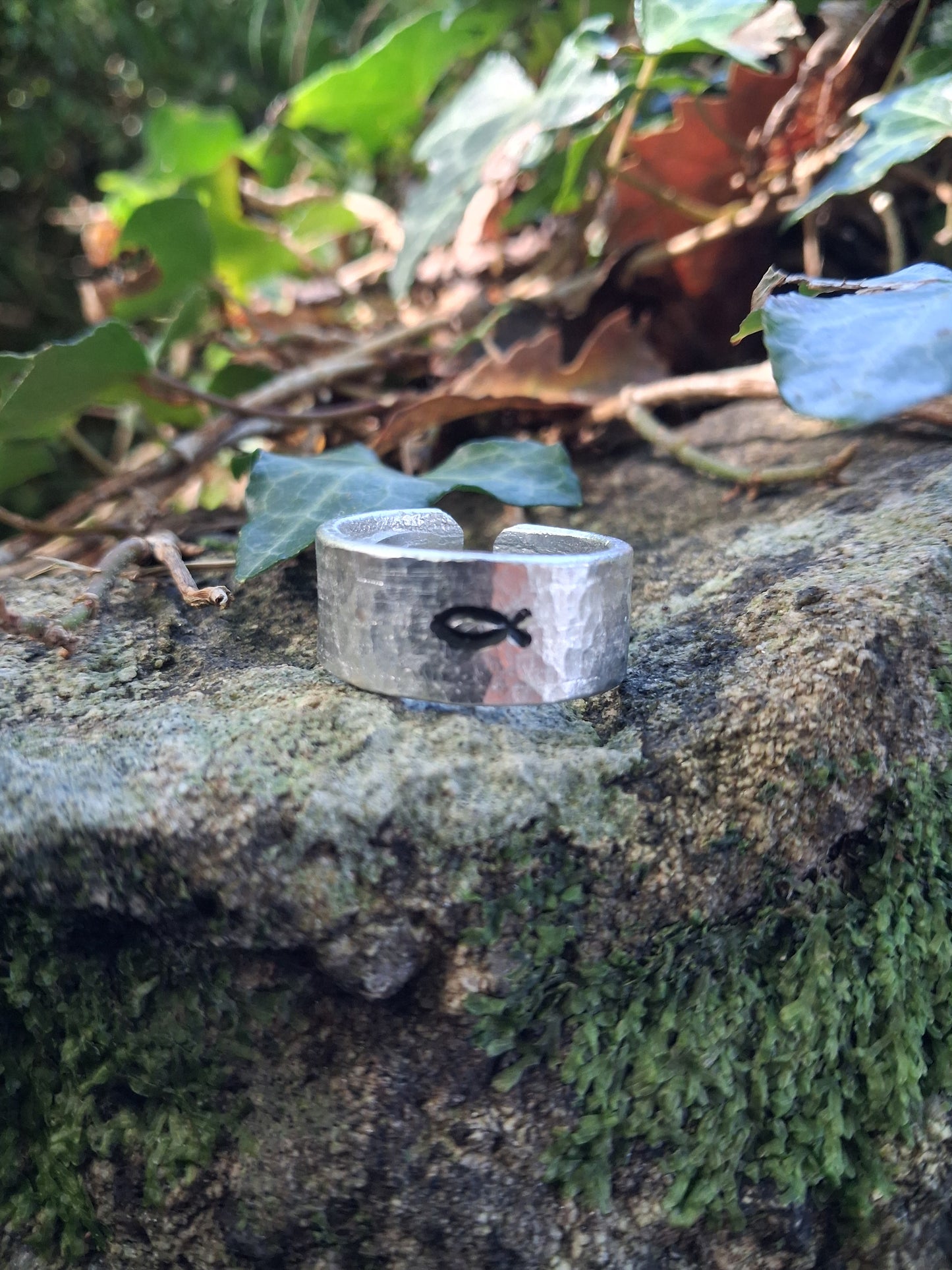 Jesus Fish Ring | Ichthys Ring | Cast and hammered pewter | Open ring