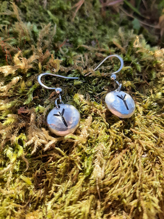 Viking Rune Pendant Earrings - Stainless Steel Hooks | Cast and Hammered Pewter