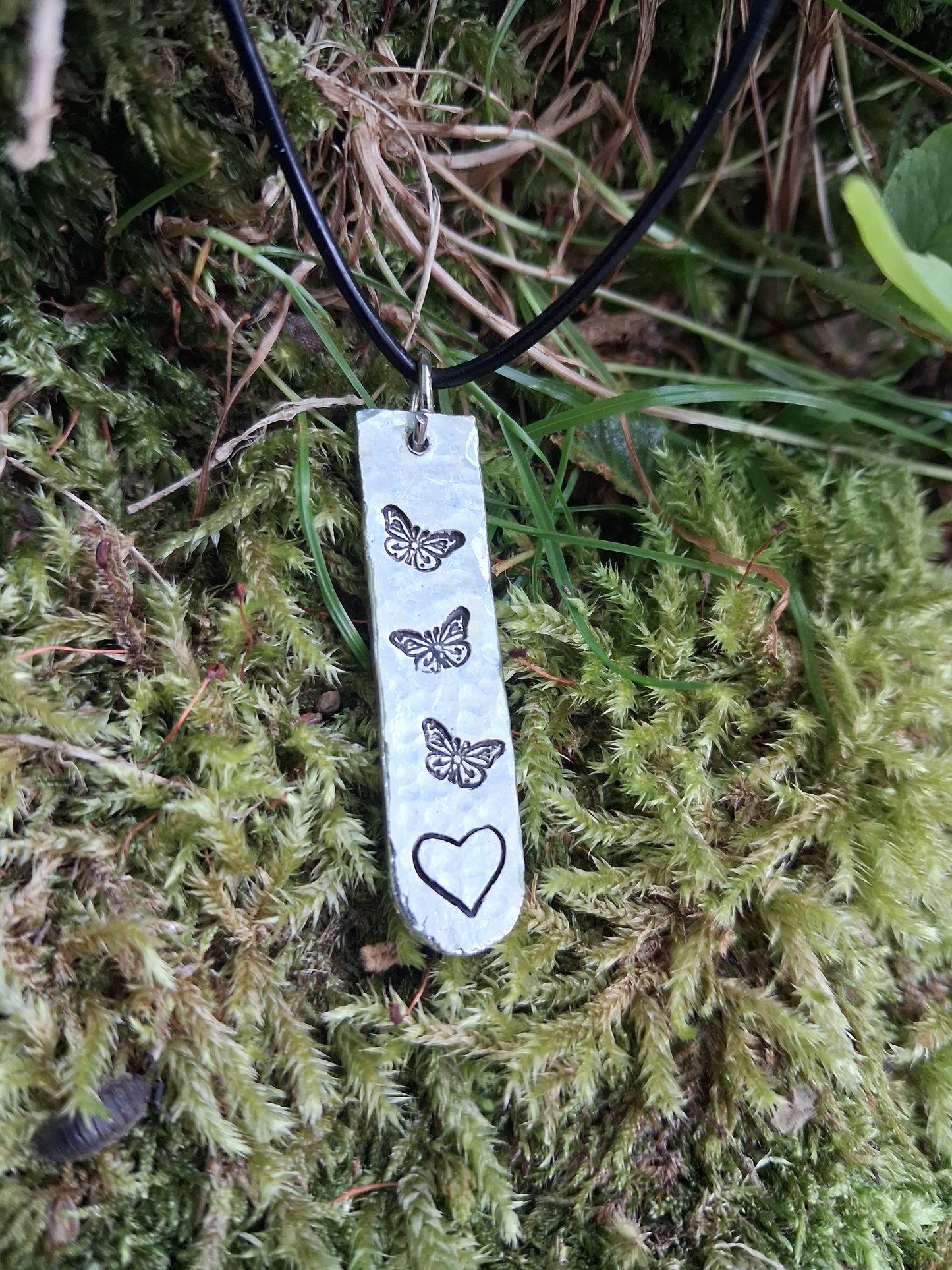 Love Token Pendant Necklace - Cast and Hammered Pewter - Heart and Butterflies