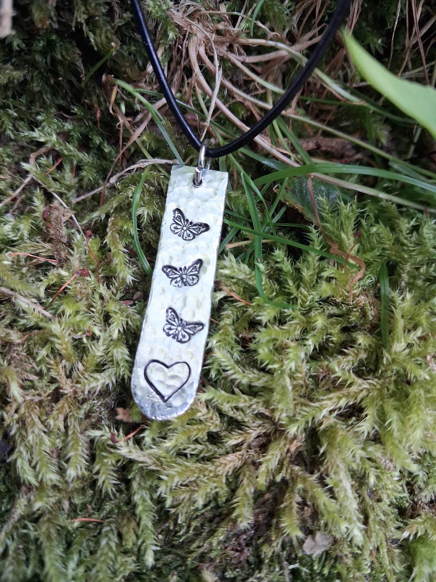 Love Token Pendant Necklace - Cast and Hammered Pewter - Heart and Butterflies
