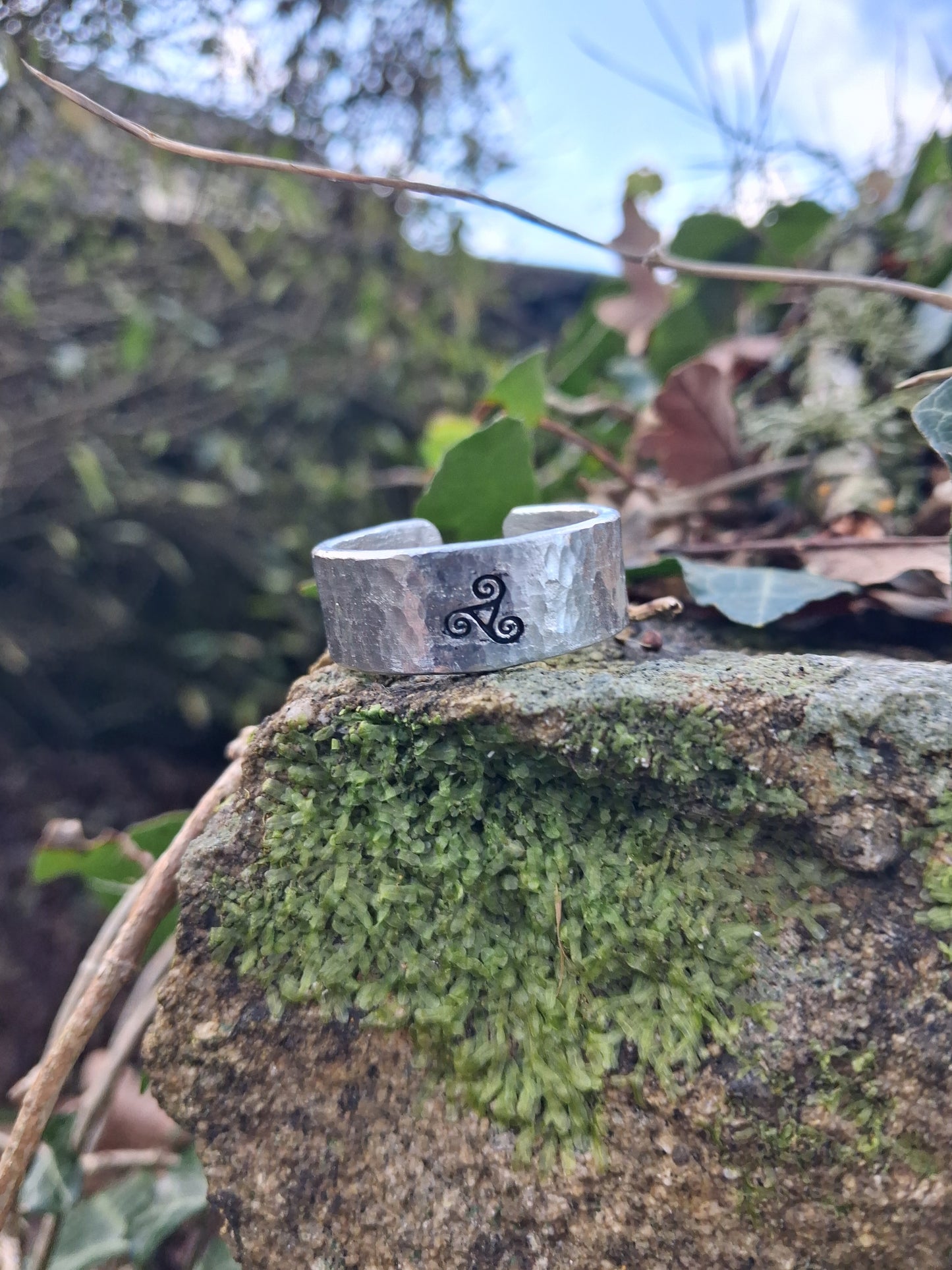 Celtic Triskelion Spiral Ring | Cast and hammered pewter | Open ring