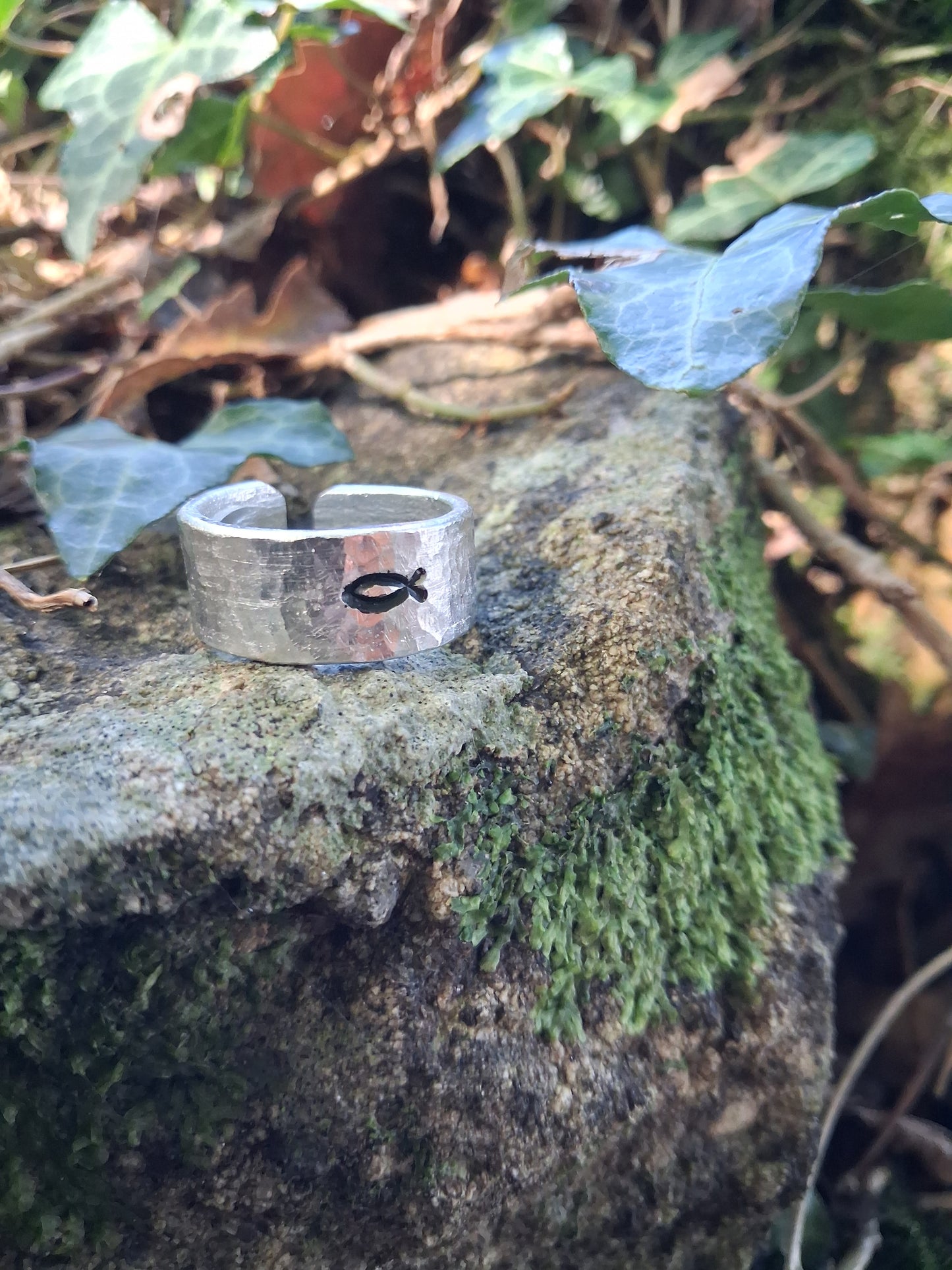 Jesus Fish Ring | Ichthys Ring | Cast and hammered pewter | Open ring