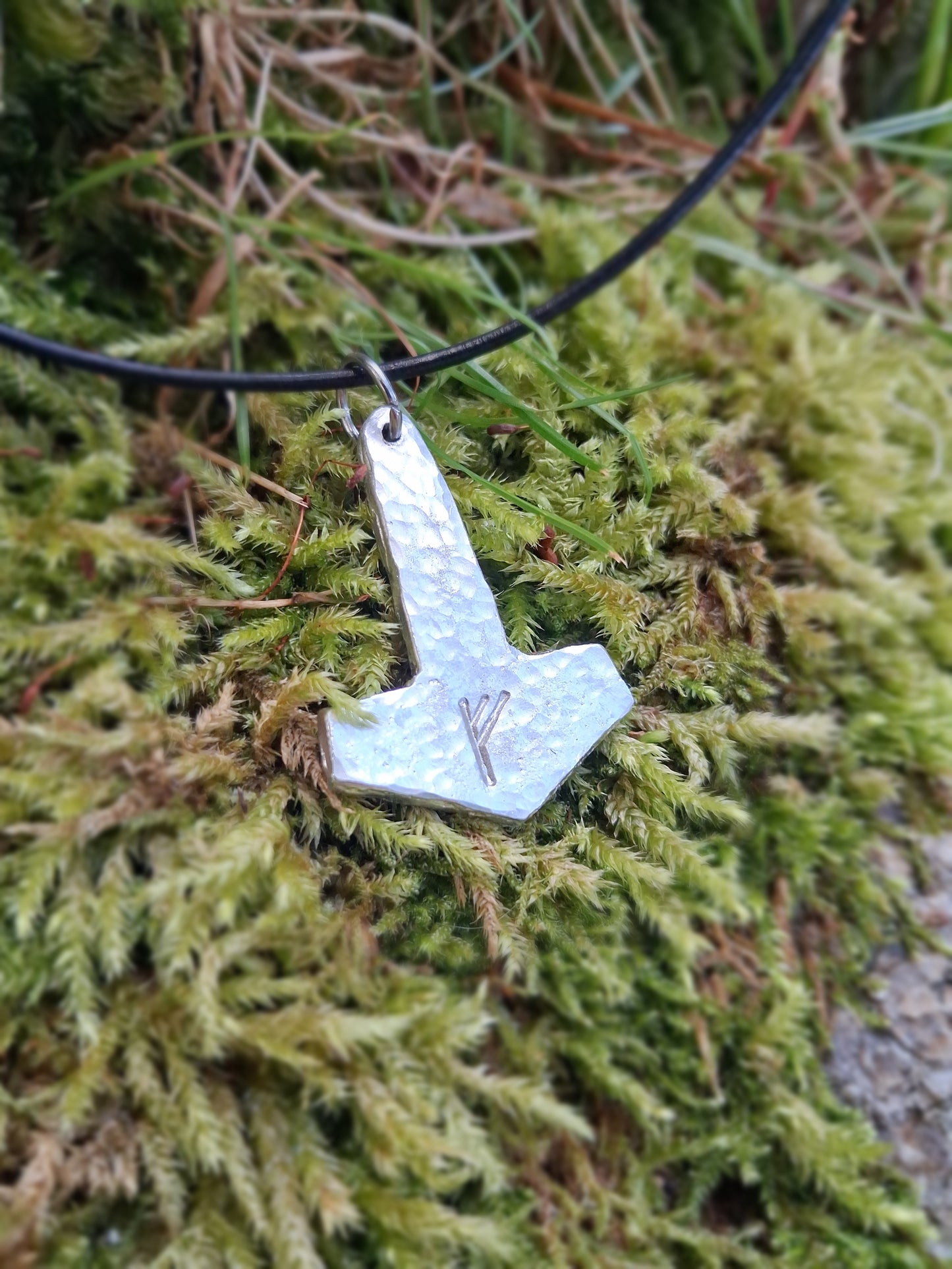 Thors Hammer Pendant with Rune Symbol |  Mjolnir Pendant Necklace - Cast and Hammered Pewter | Viking Necklace