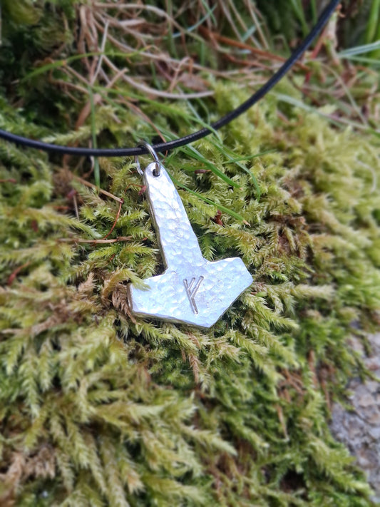 Thors Hammer Pendant with Rune Symbol |  Mjolnir Pendant Necklace - Cast and Hammered Pewter | Viking Necklace